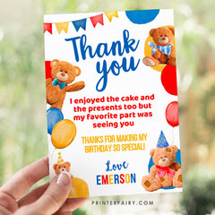 Bear Birthday Thank You Card, EDITABLE (Digital Download)