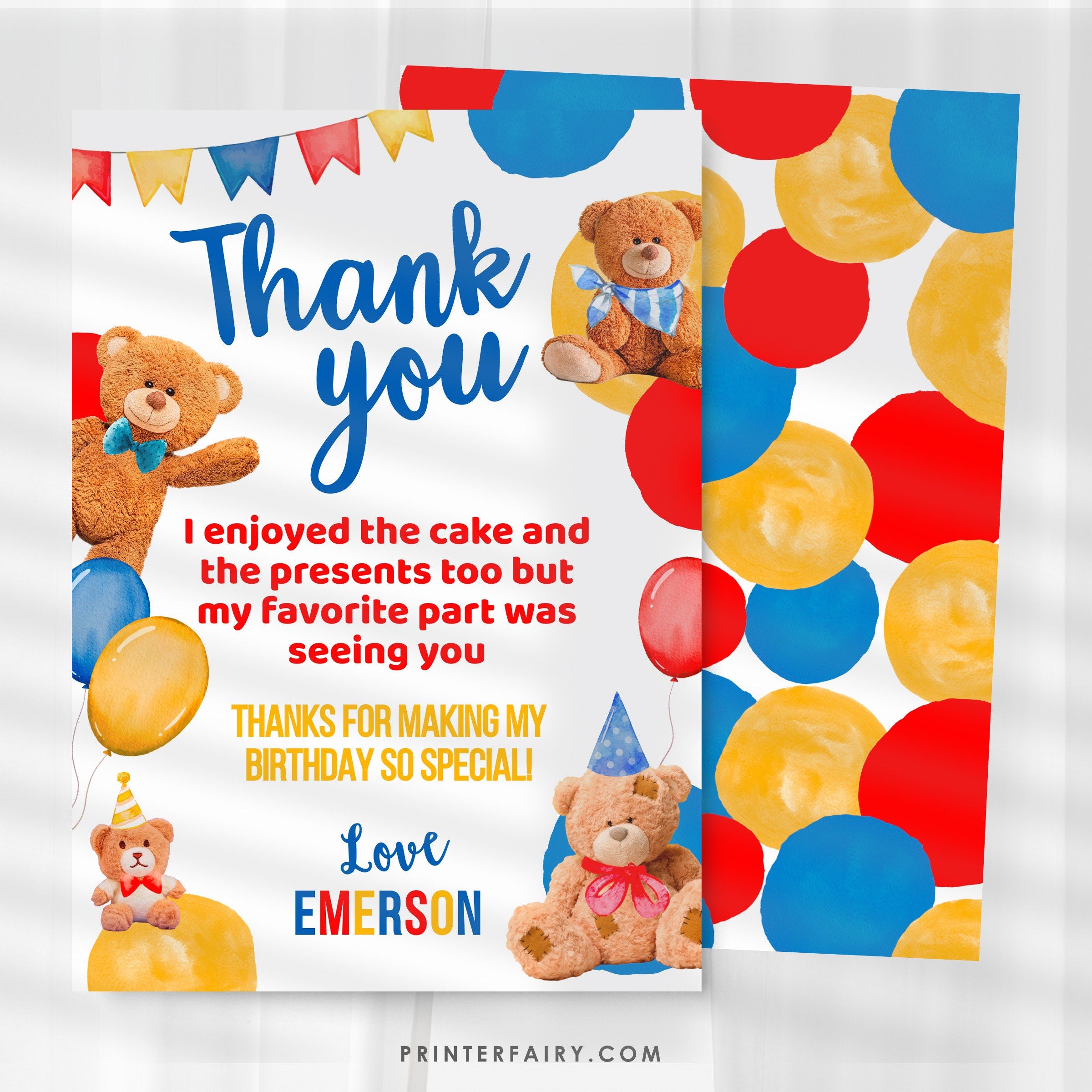 Bear Birthday Thank You Card, EDITABLE (Digital Download)