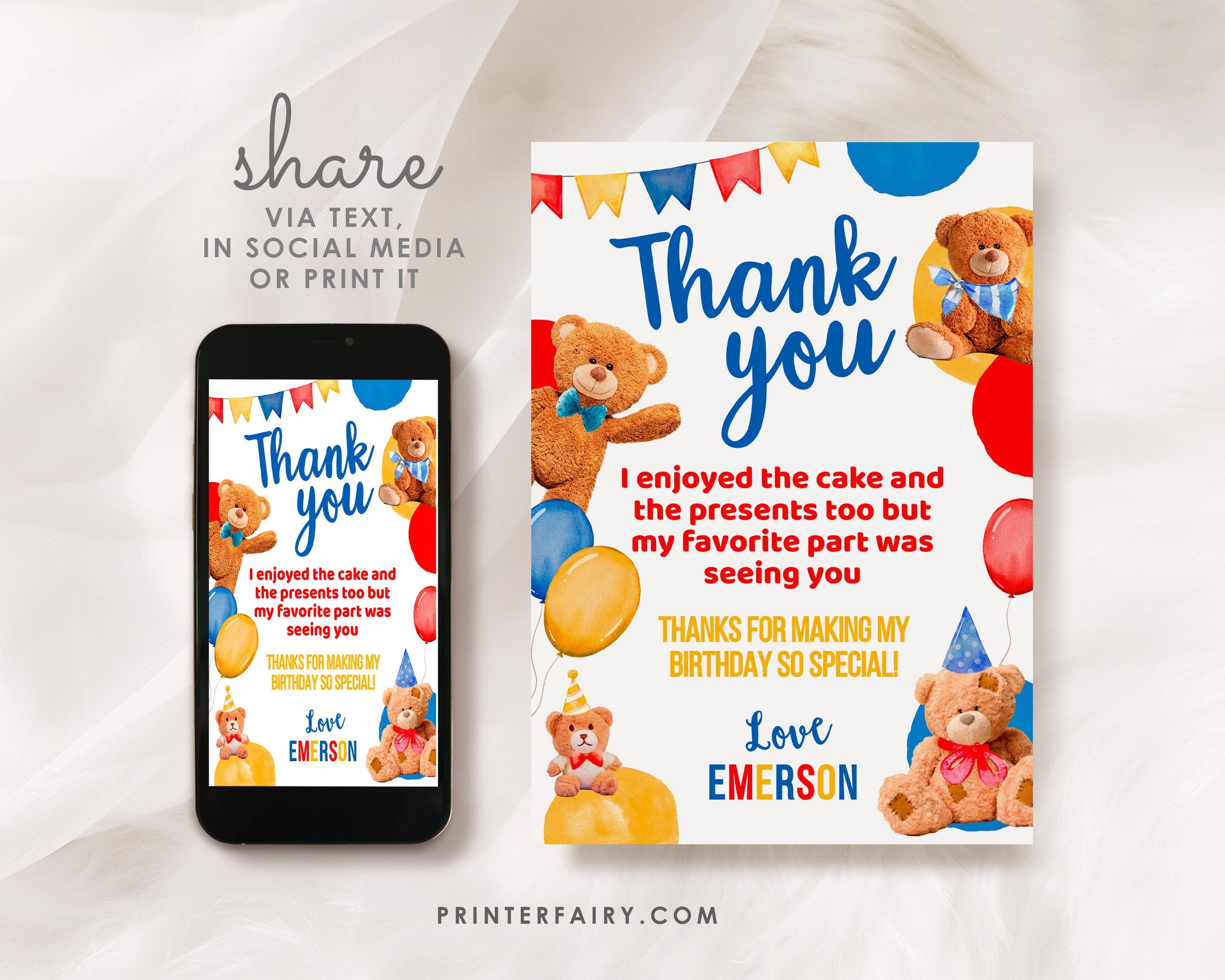 Bear Birthday Thank You Card, EDITABLE (Digital Download)