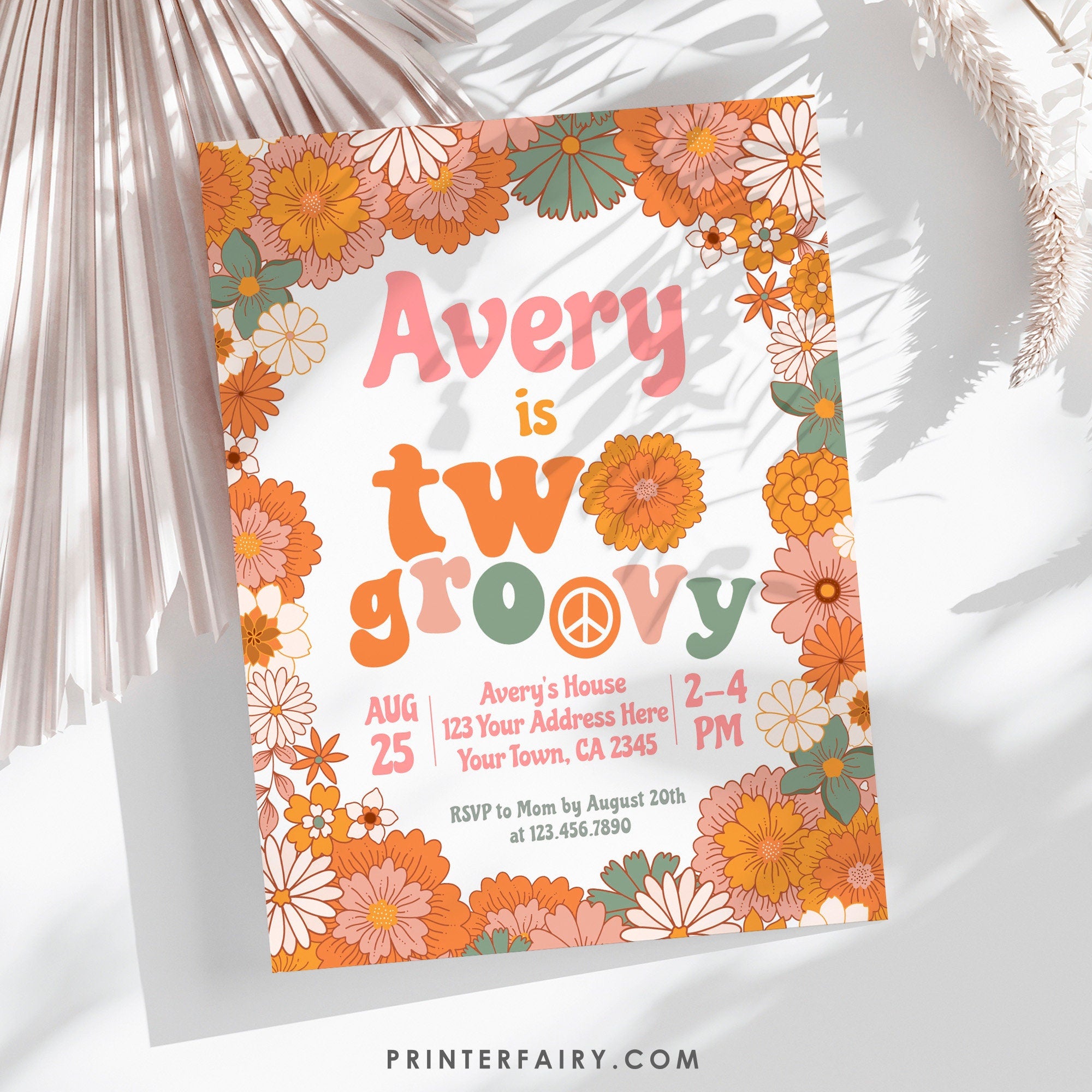 Hippie Floral Birthday Invitation, Retro Groovy Theme (INSTANT DOWNLOAD)
