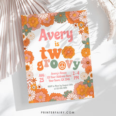 Hippie Floral Birthday Invitation, Retro Groovy Theme (INSTANT DOWNLOAD)