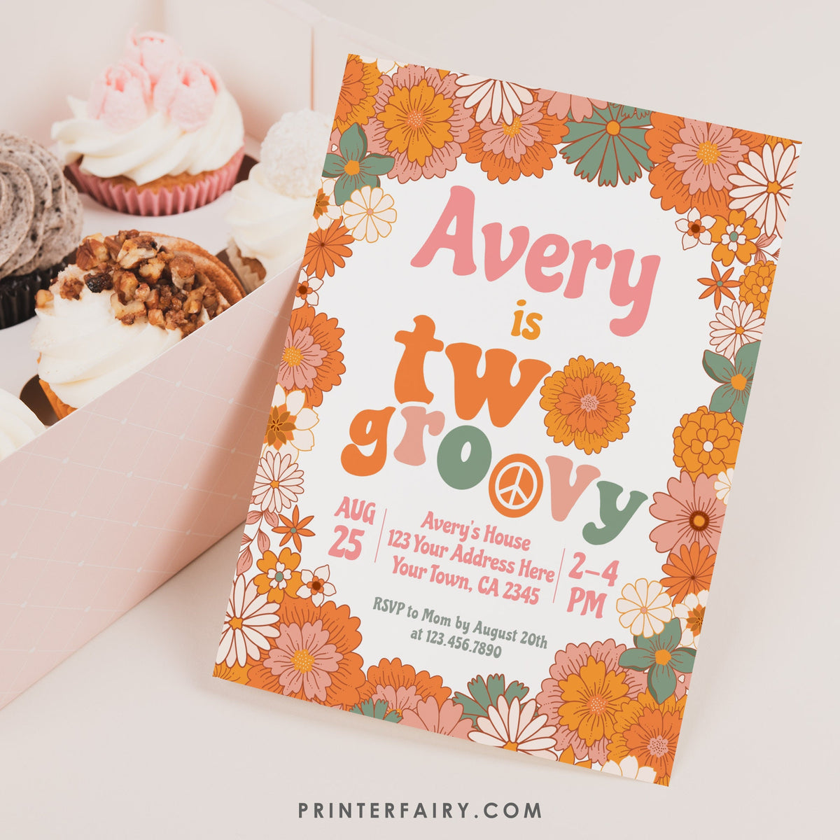 Hippie Floral Birthday Invitation, Retro Groovy Theme (INSTANT DOWNLOAD)
