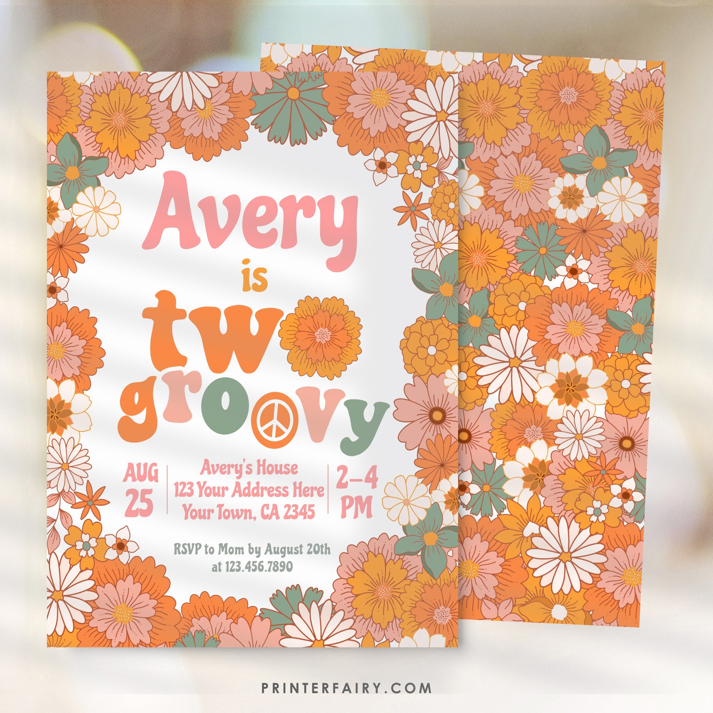 Hippie Floral Birthday Invitation, Retro Groovy Theme (INSTANT DOWNLOAD)