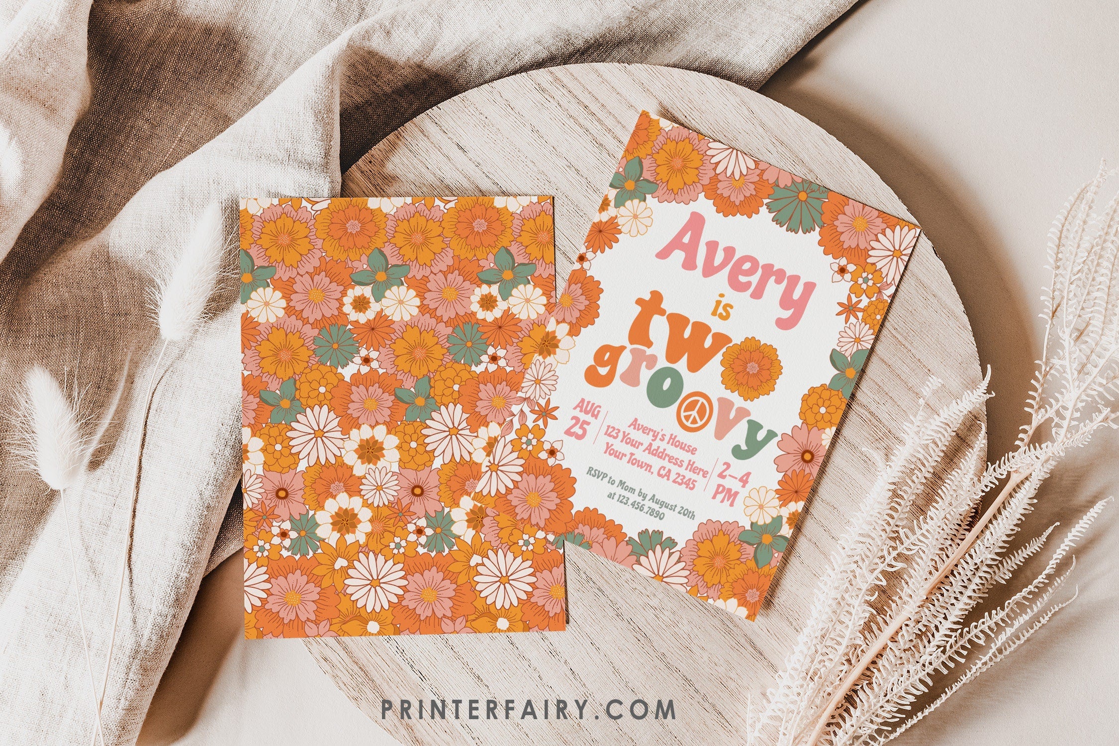Hippie Floral Birthday Invitation, Retro Groovy Theme (INSTANT DOWNLOAD)