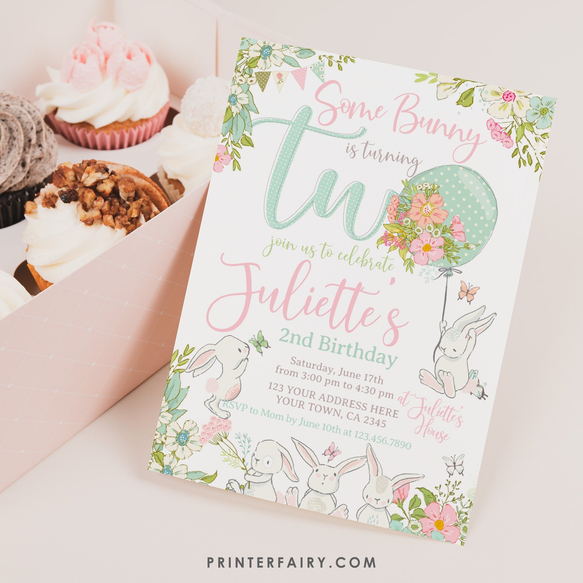 Bunny 2nd Birthday Invitation, Some Bunny is Two Party Invite (Digital Download)