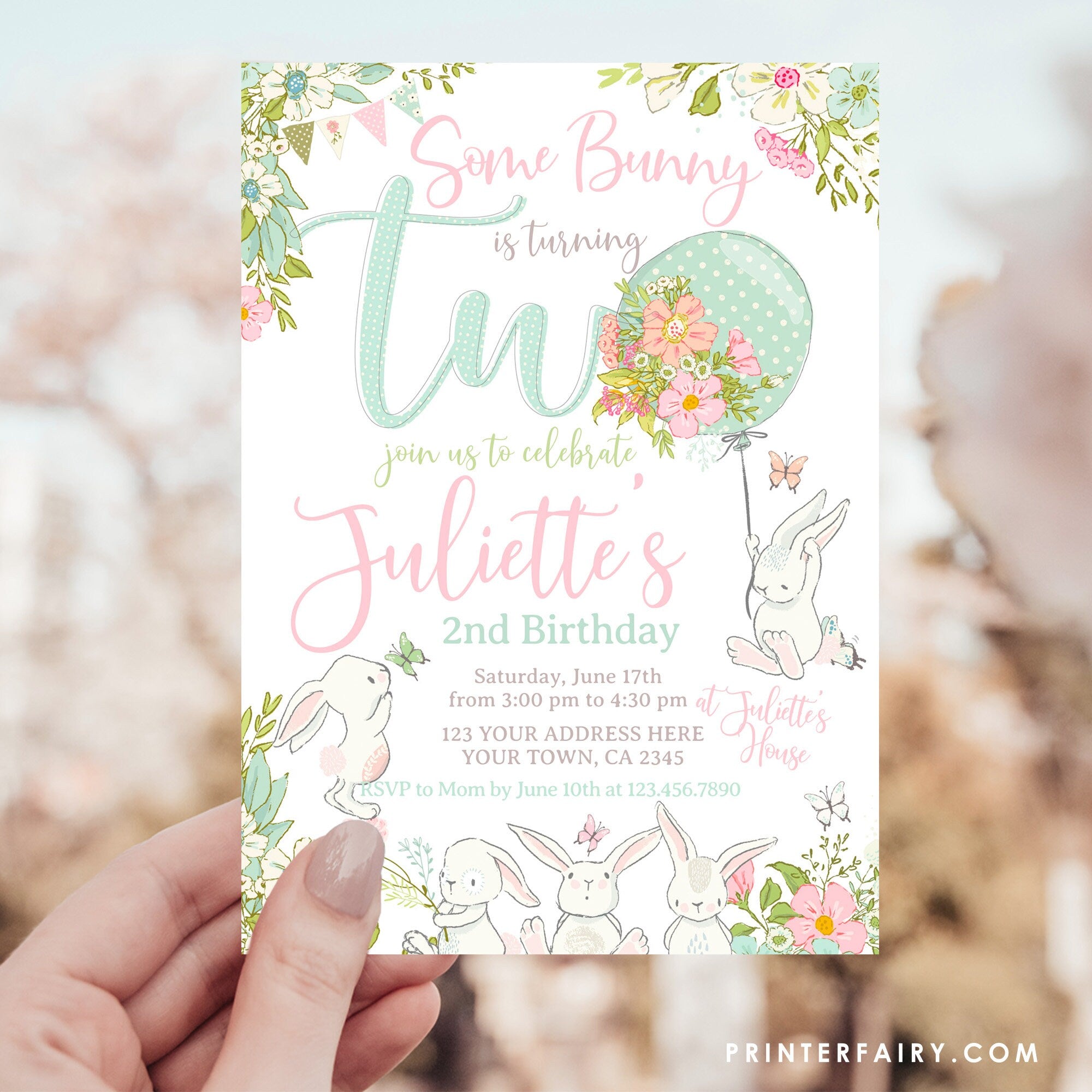 Bunny 2nd Birthday Invitation, Some Bunny is Two Party Invite (Digital Download)