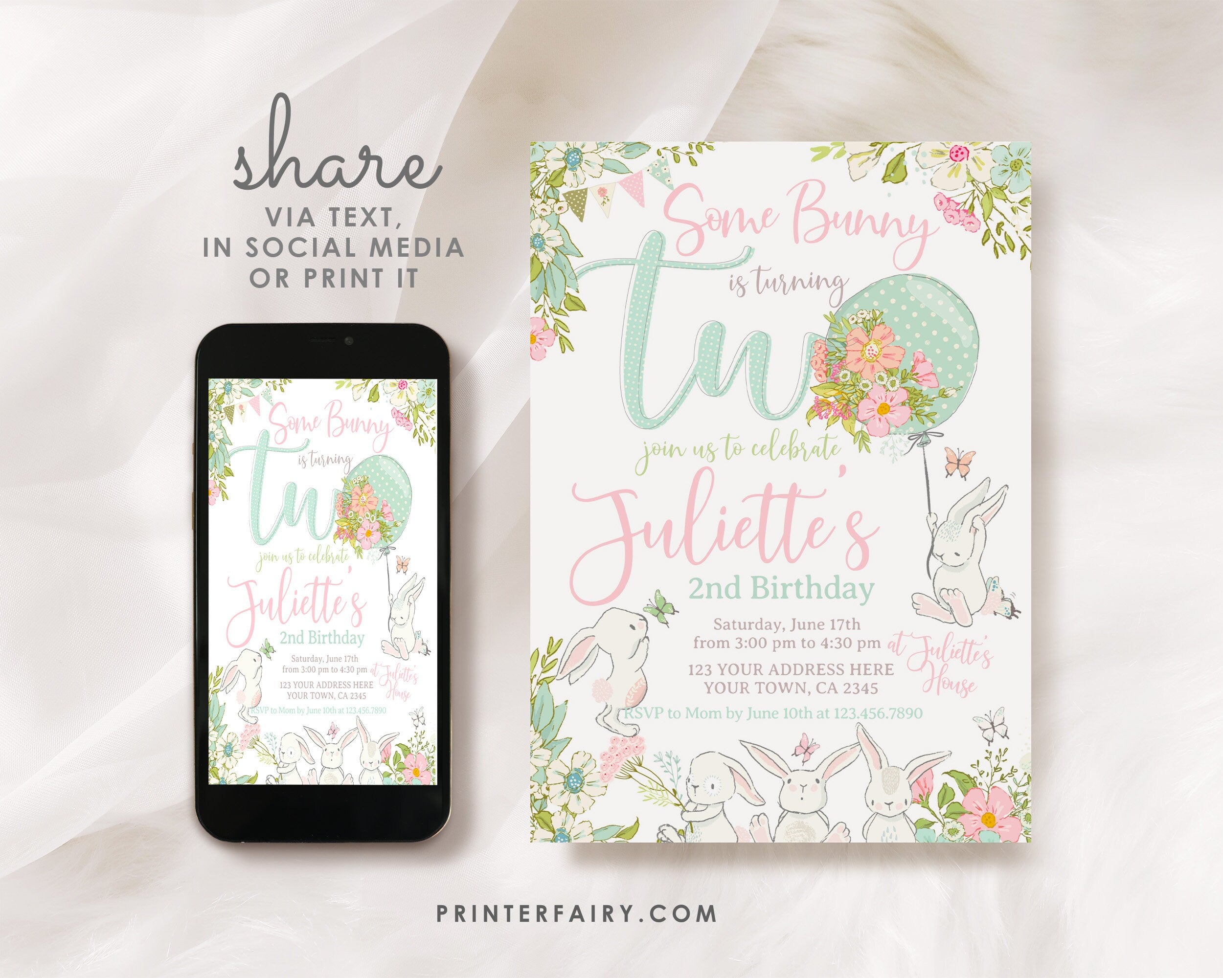 Bunny 2nd Birthday Invitation, Some Bunny is Two Party Invite (Digital Download)