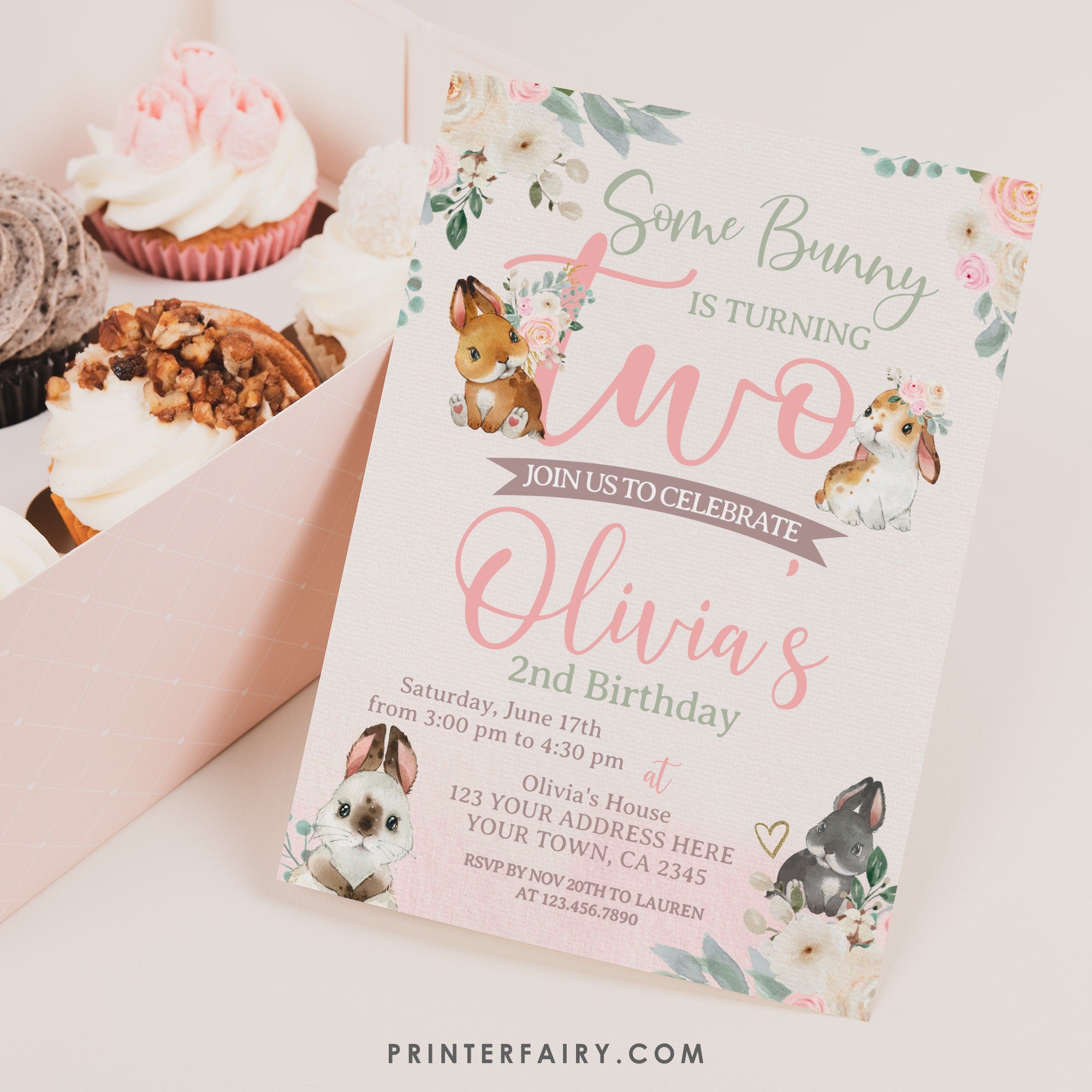 Bunny Editable Birthday Invitation Template, Add your own Wording, INSTANT DOWNLOAD
