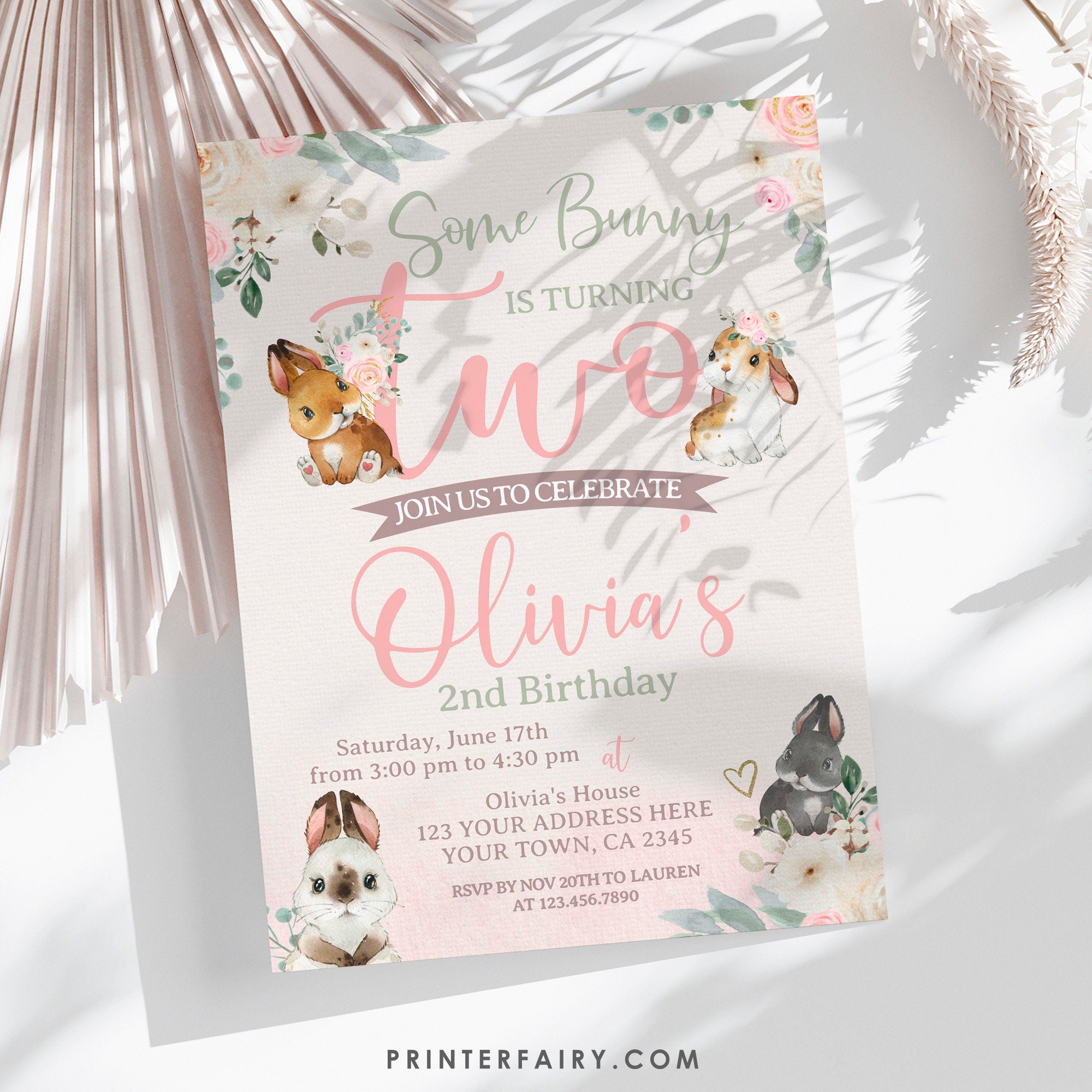 Bunny Editable Birthday Invitation Template, Add your own Wording, INSTANT DOWNLOAD
