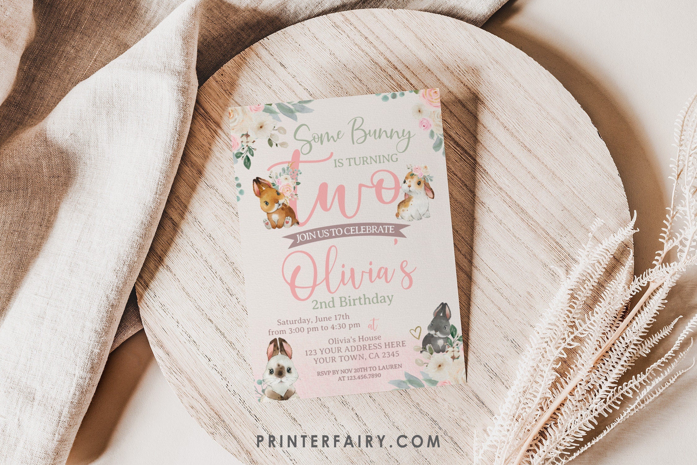Bunny Editable Birthday Invitation Template, Add your own Wording, INSTANT DOWNLOAD