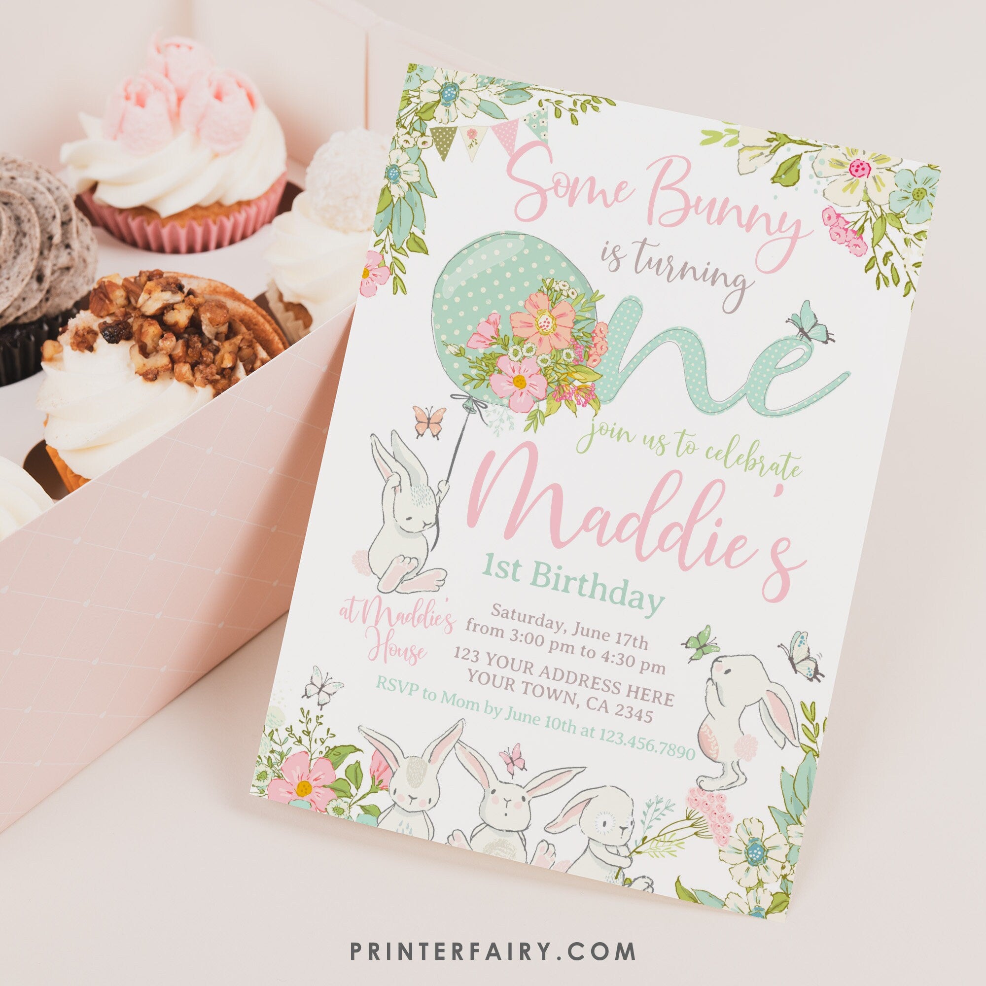 Some Bunny 1st Birthday Invitation, Editable Spring Bunny Party (Digital Download)