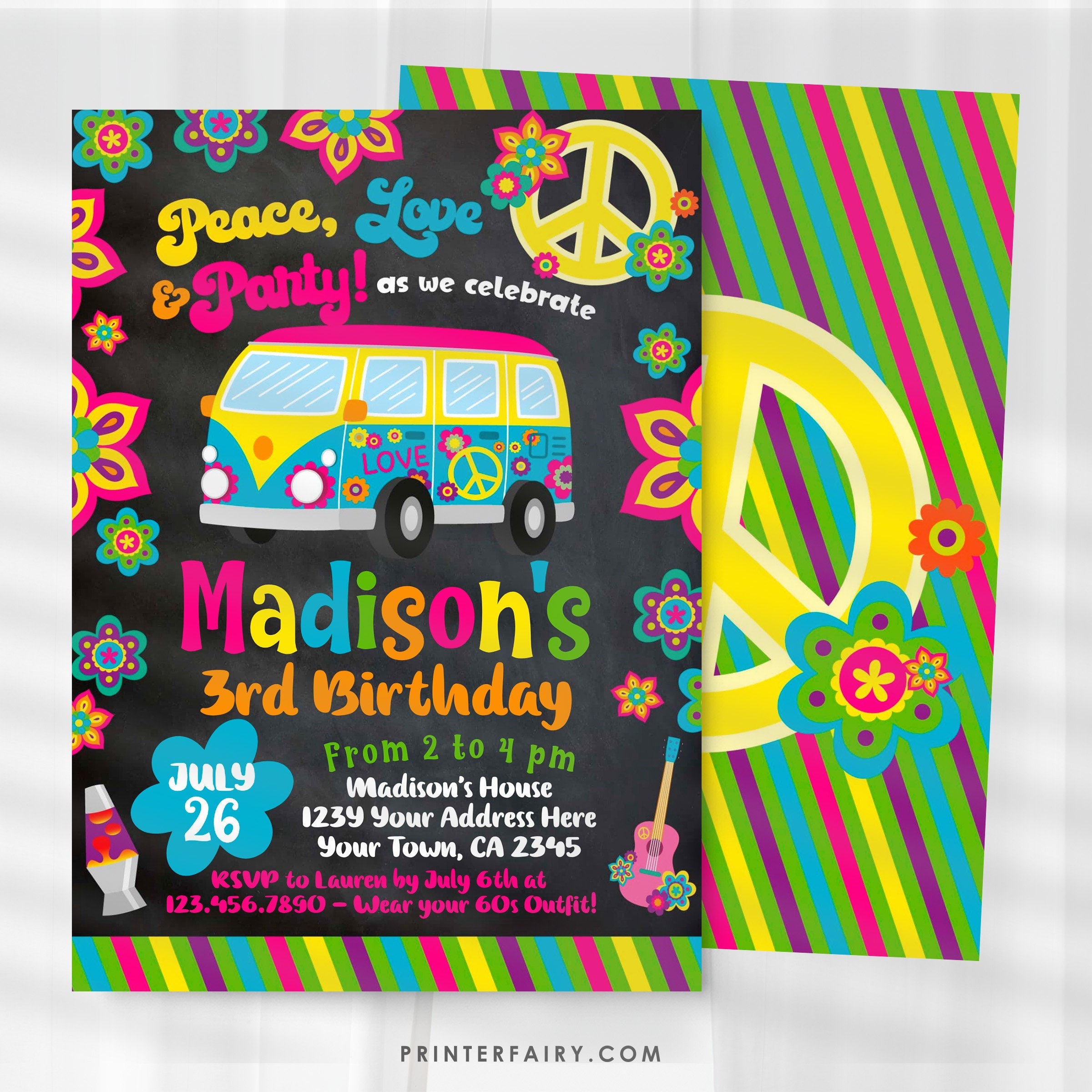 Editable Hippie Birthday Invitation, Groovy 60s Party (Digital Download)