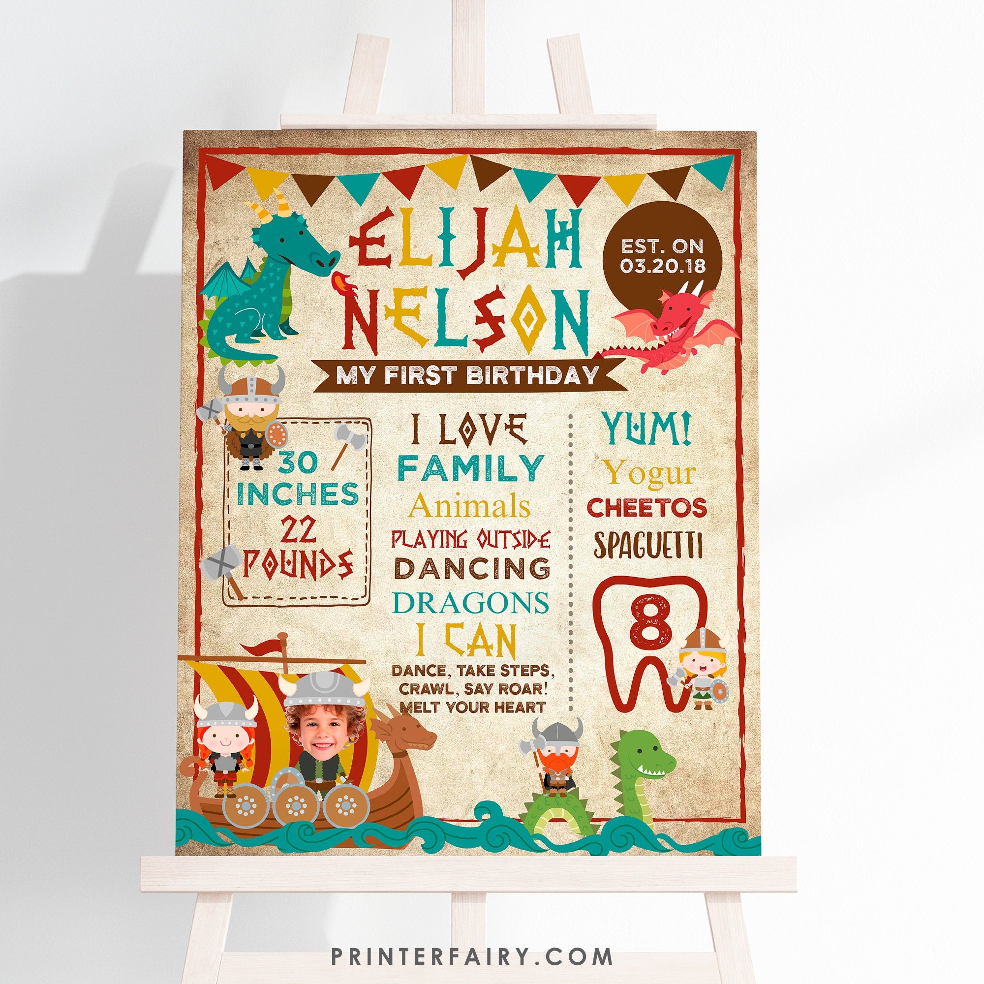 Viking Birthday Milestones Board with Dragon Photo (Instant Download)