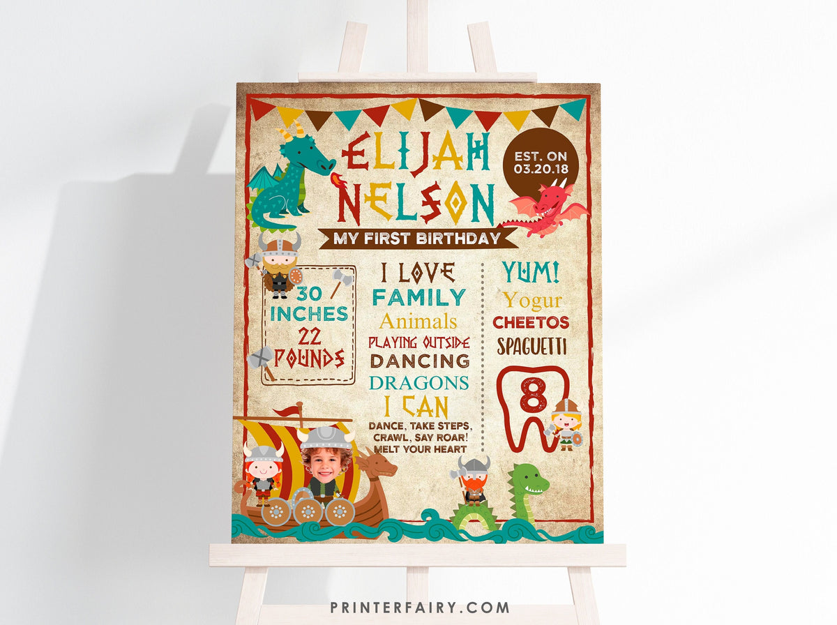 Viking Birthday Milestones Board with Dragon Photo (Instant Download)