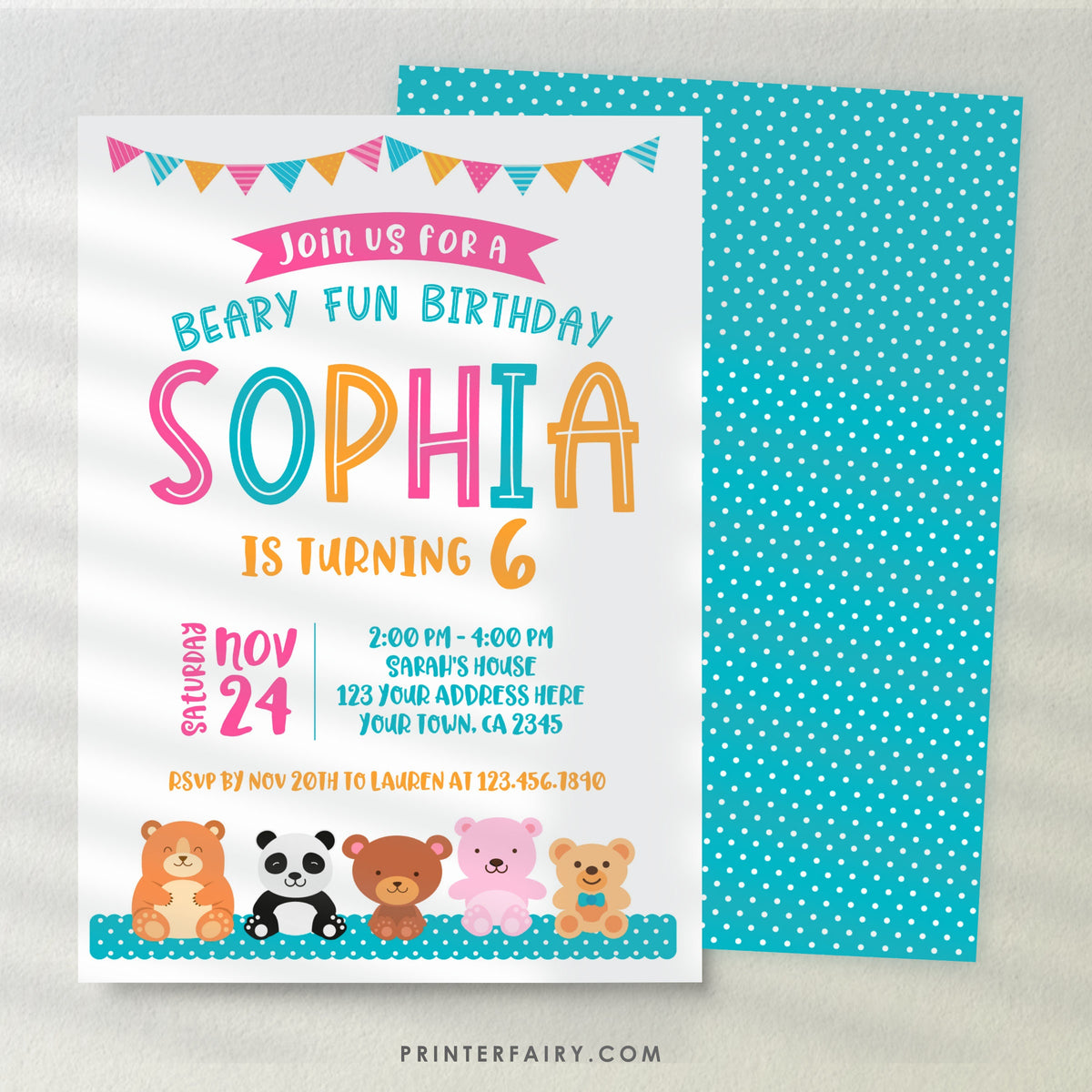 Teddy Bear Birthday Invitation, Editable Bear Theme (Instant Download)
