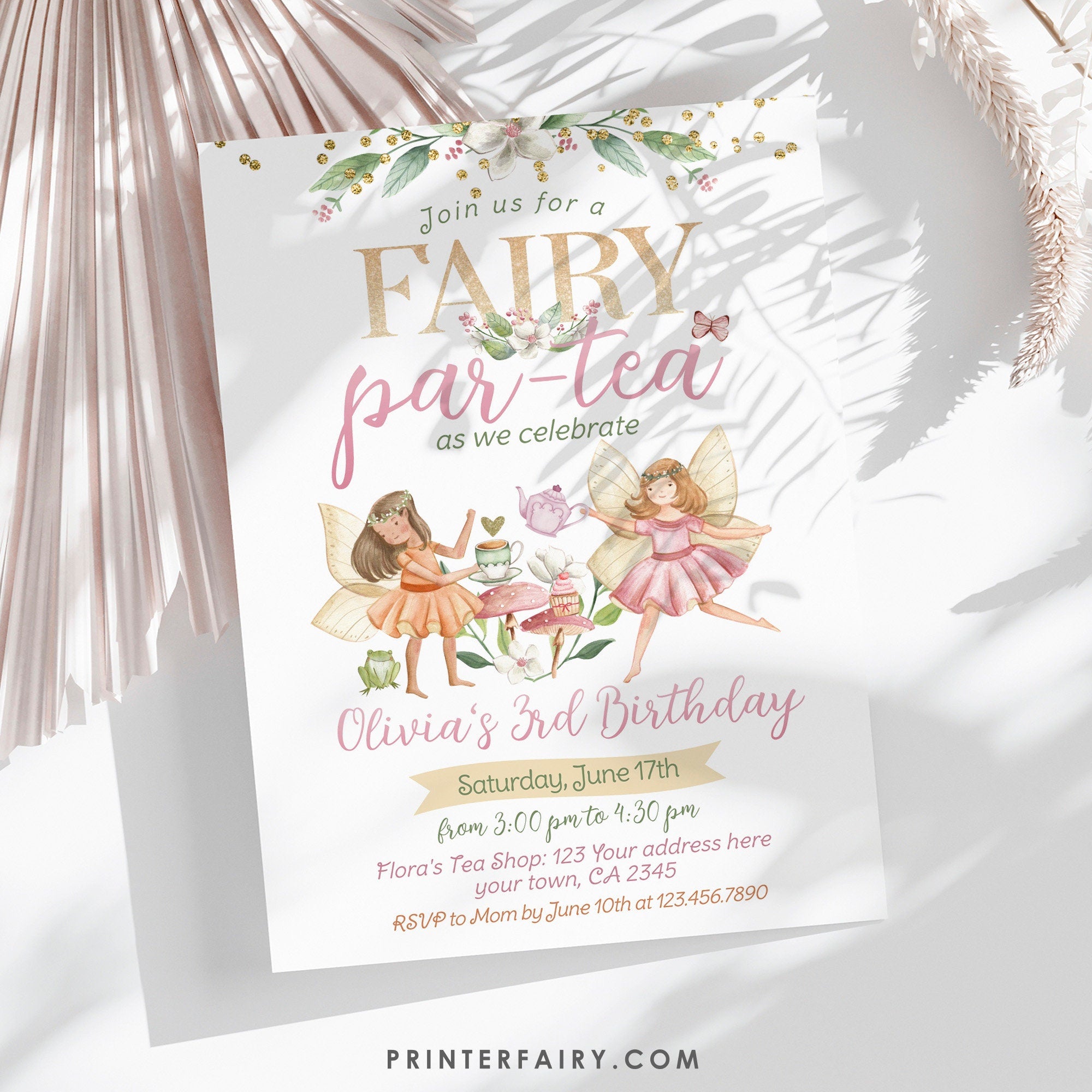 Editable Fairy Tea Party Birthday Invitation, Floral Garden (Digital)