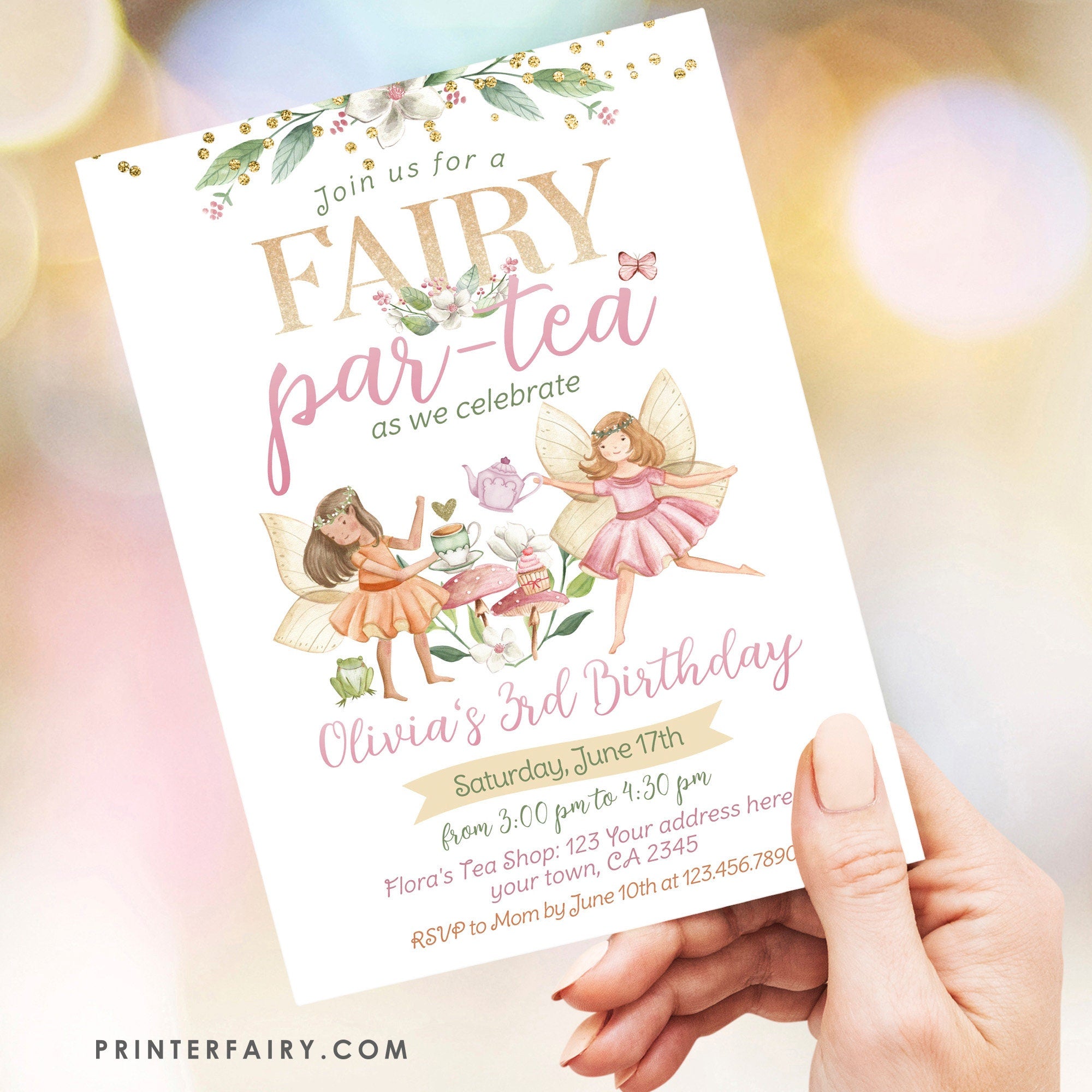 Editable Fairy Tea Party Birthday Invitation, Floral Garden (Digital)