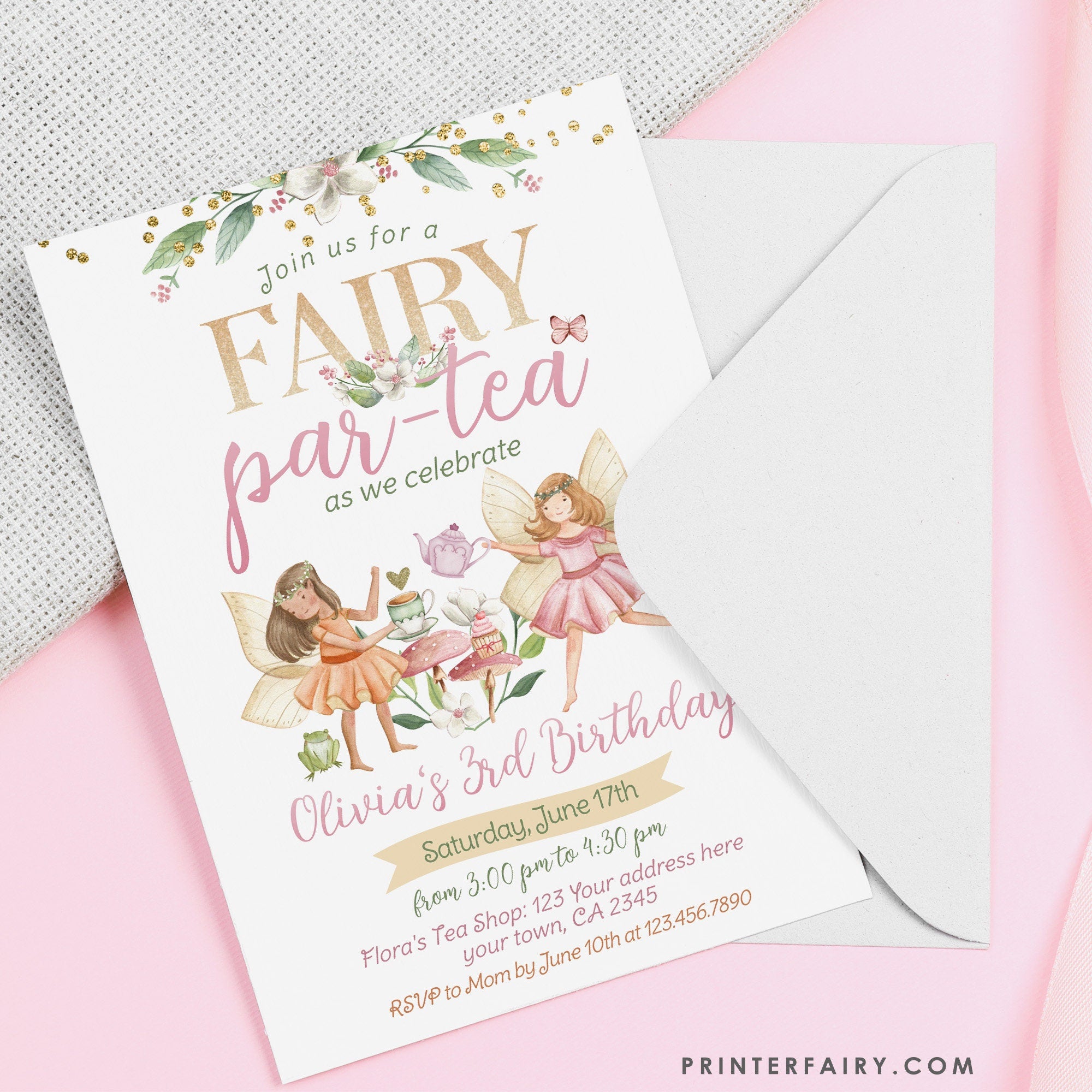 Editable Fairy Tea Party Birthday Invitation, Floral Garden (Digital)