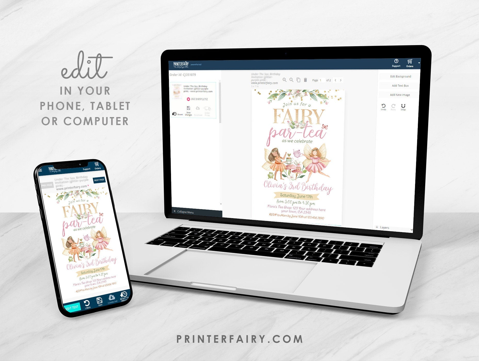 Editable Fairy Tea Party Birthday Invitation, Floral Garden (Digital)