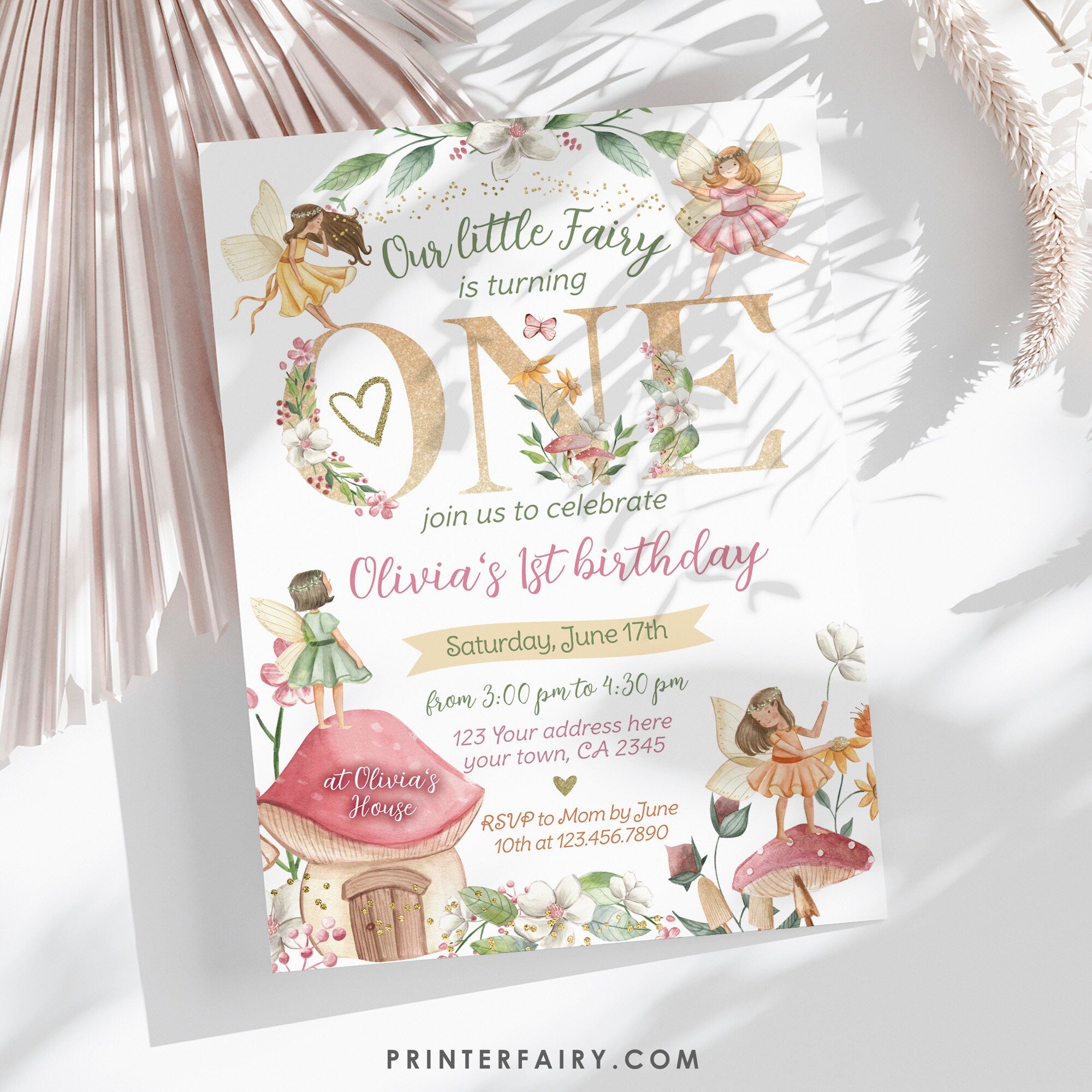 Editable Fairytale First Birthday Invitation, Autumn Floral Party (Digital Item)