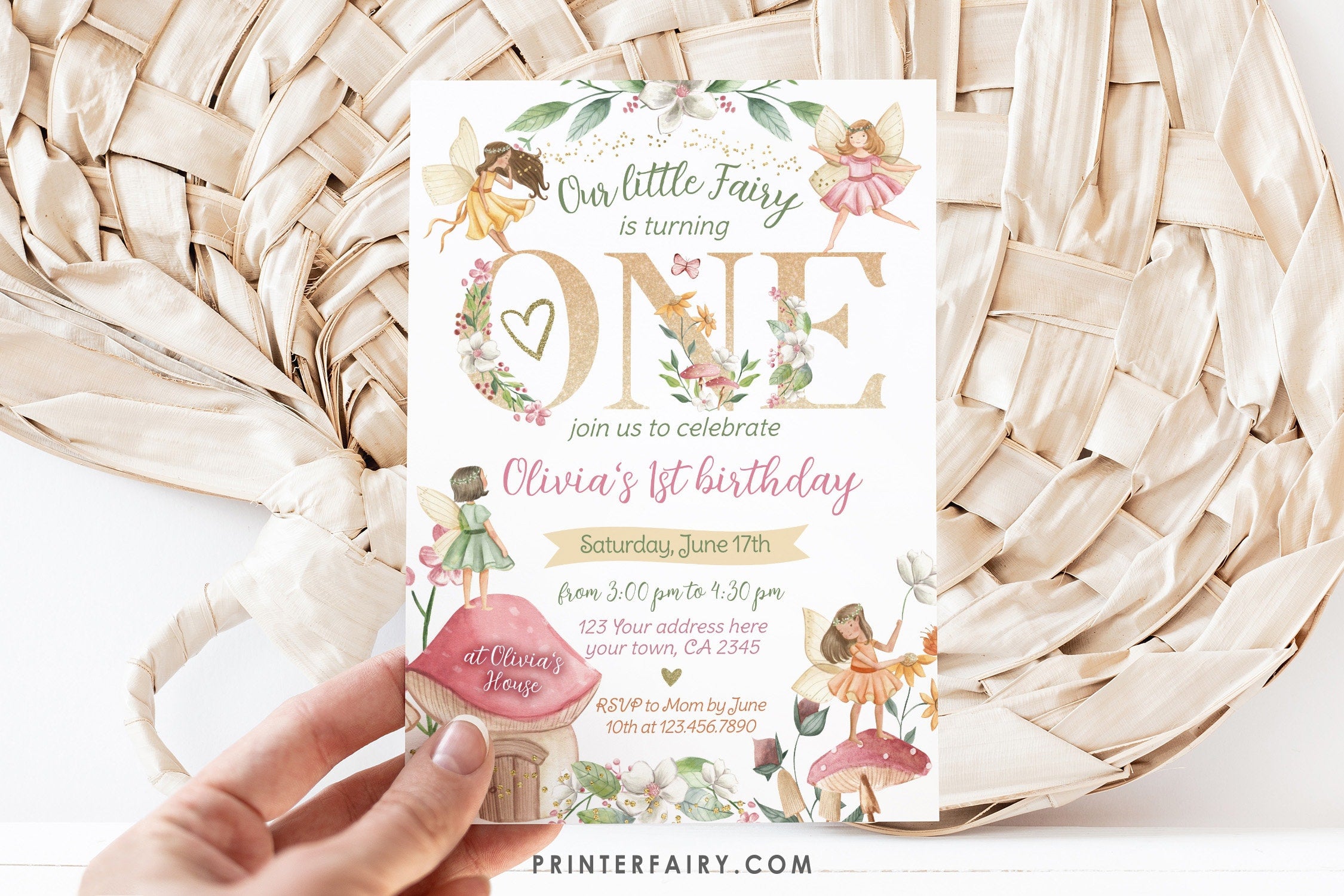 Editable Fairytale First Birthday Invitation, Autumn Floral Party (Digital Item)