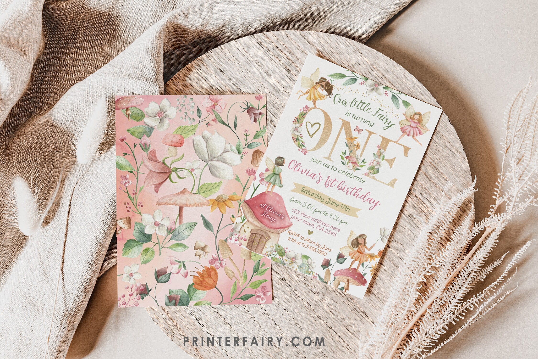 Editable Fairytale First Birthday Invitation, Autumn Floral Party (Digital Item)
