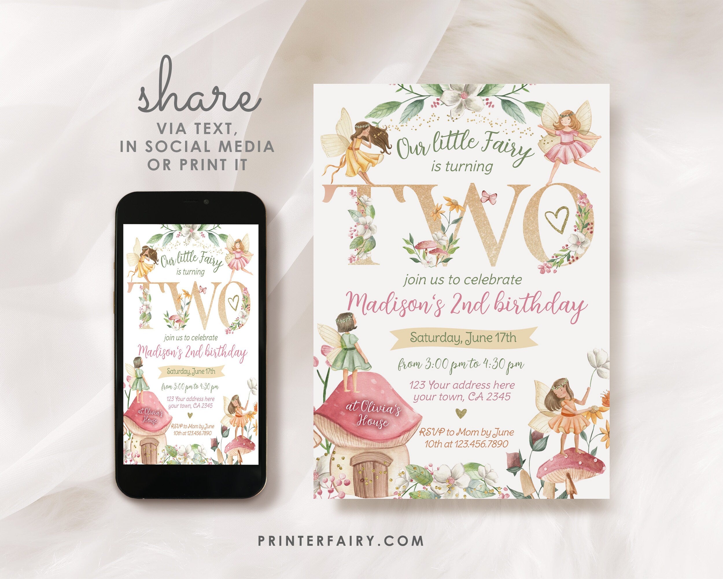 Editable Fairytale 2nd Birthday Invitation, Floral Garden Party (Digital Item)
