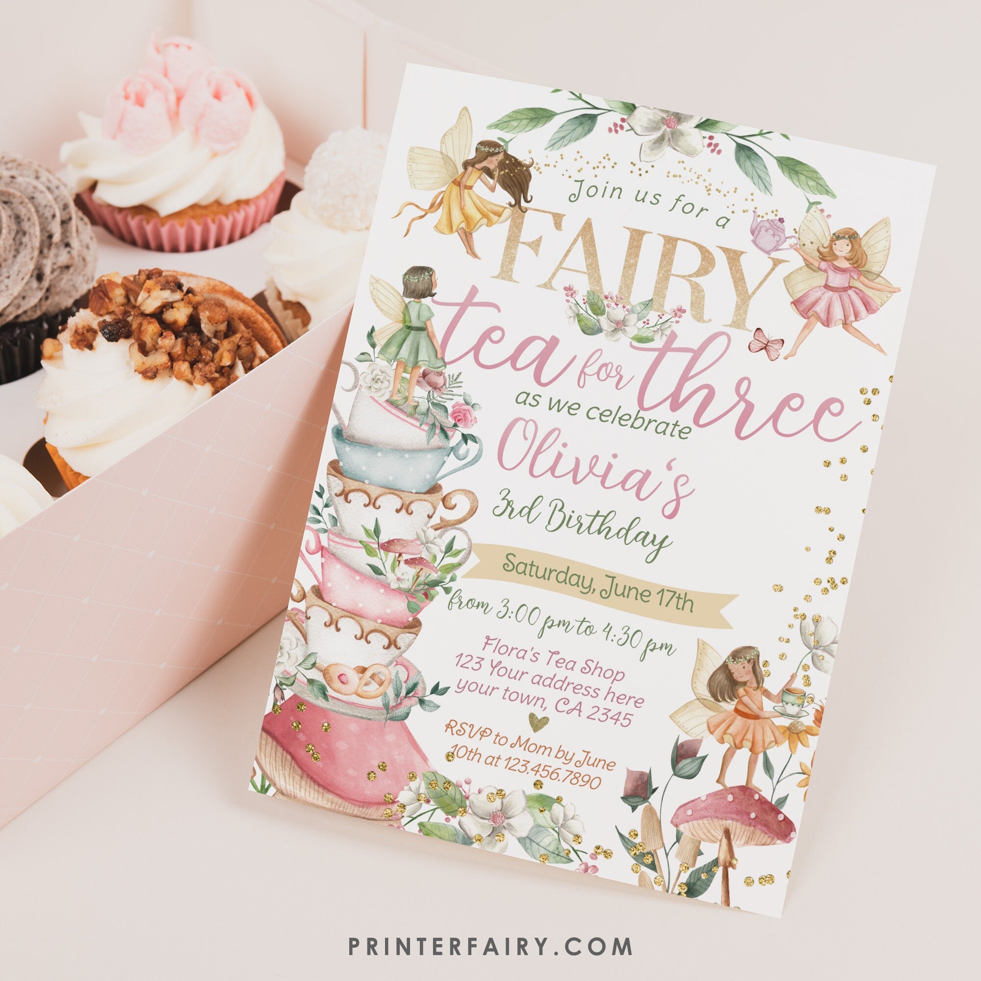 Editable Fairy Tea Party Invitation, Whimsical Floral 3rd Birthday (Digital Item)