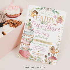 Editable Fairy Tea Party Invitation, Whimsical Floral 3rd Birthday (Digital Item)