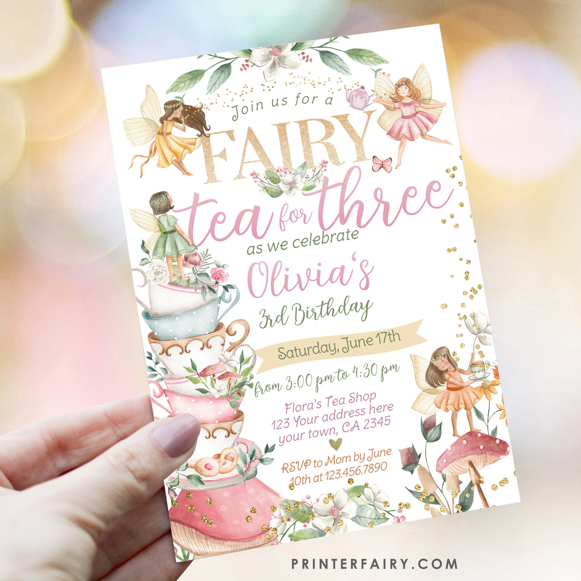 Editable Fairy Tea Party Invitation, Whimsical Floral 3rd Birthday (Digital Item)