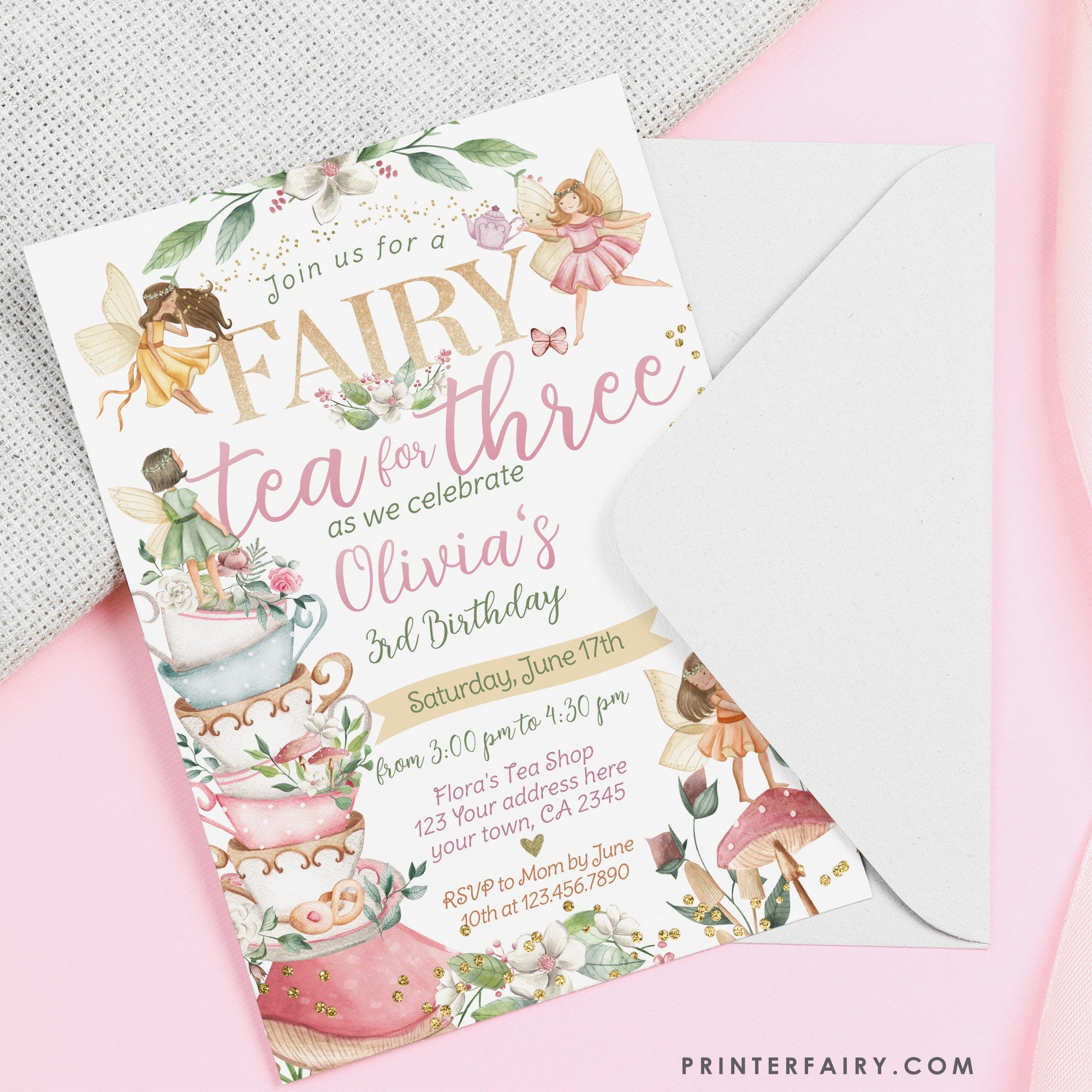 Editable Fairy Tea Party Invitation, Whimsical Floral 3rd Birthday (Digital Item)