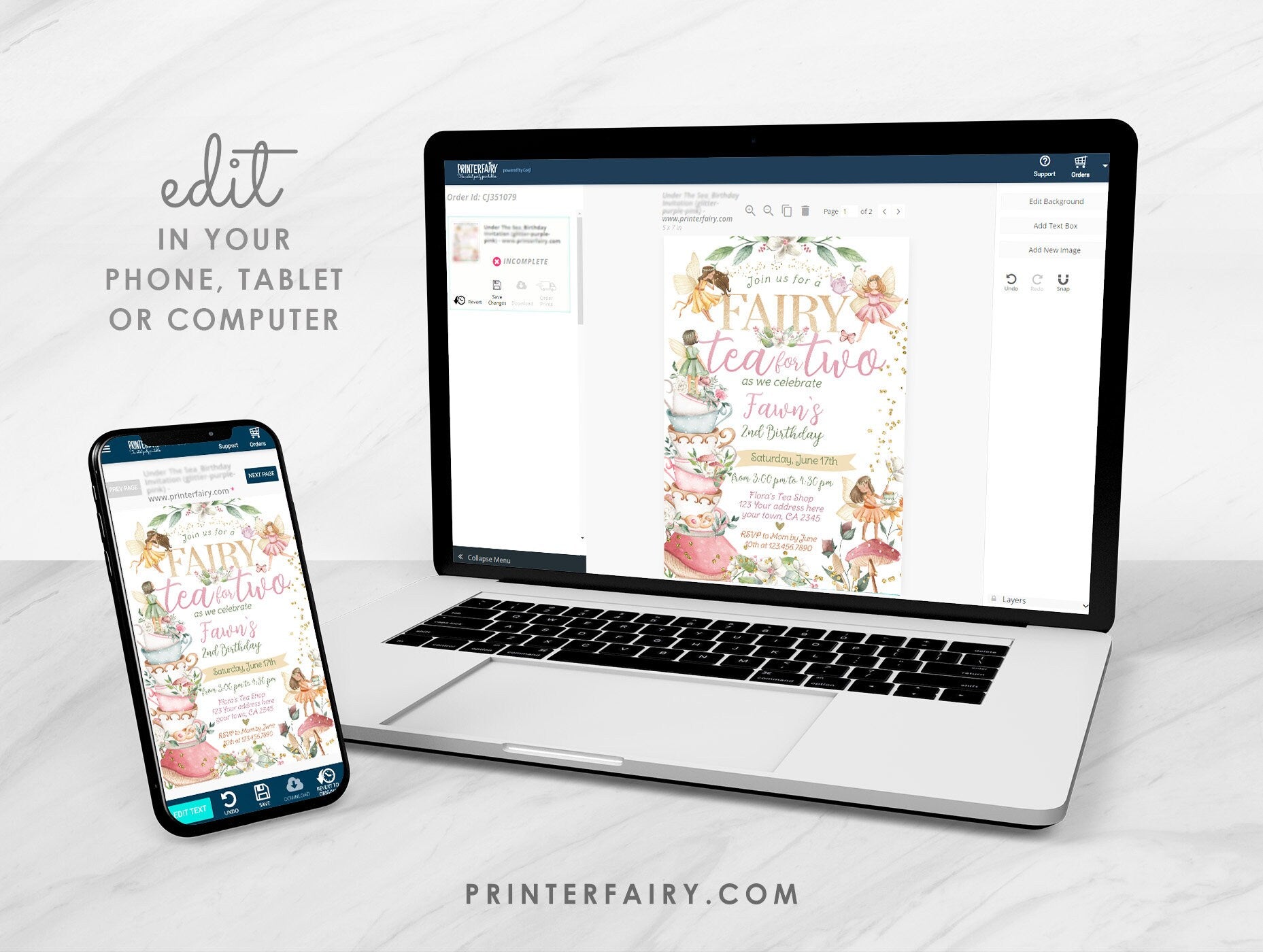 Fairy Tea Party Invitation, Second Birthday, Floral (Editable Digital Download)