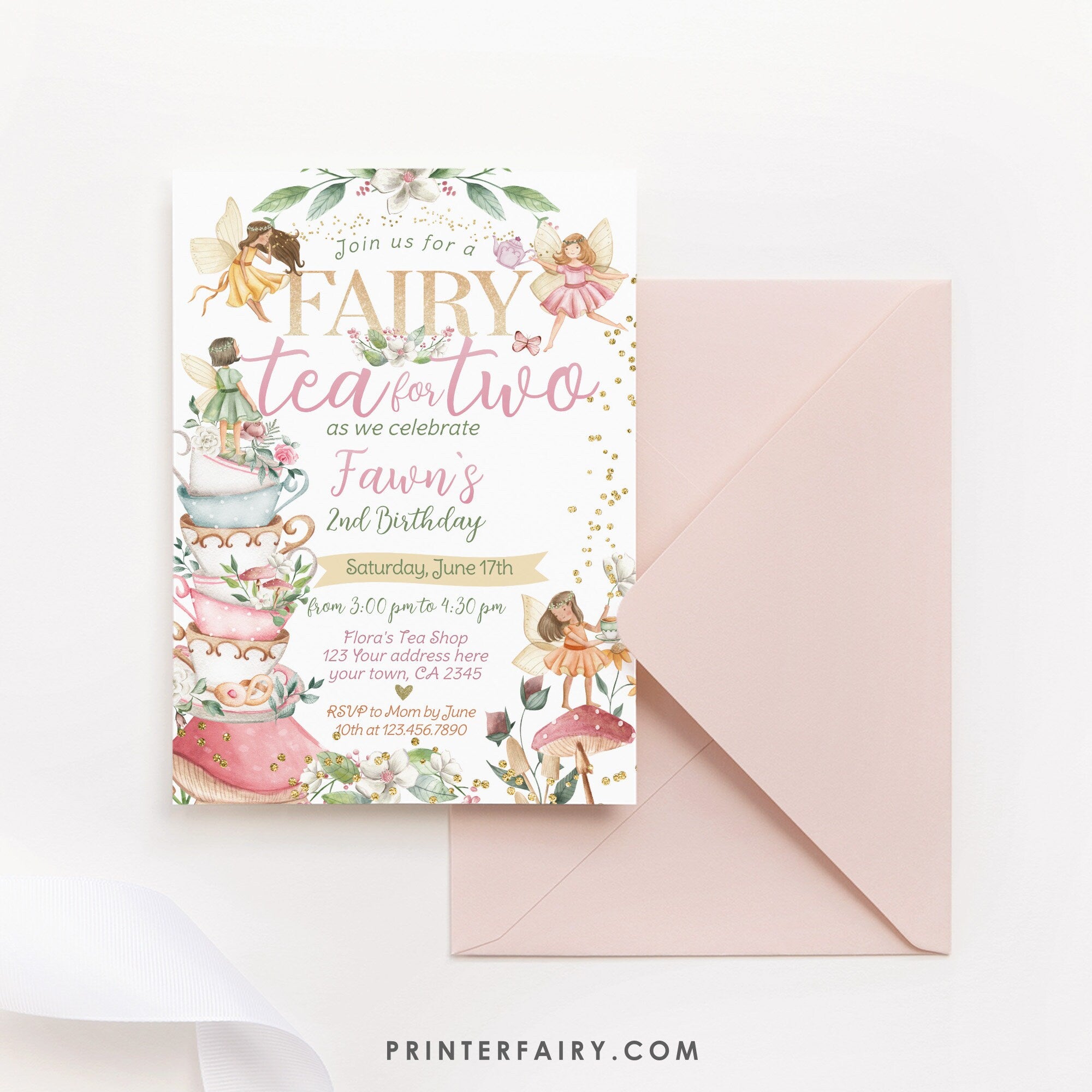 Fairy Tea Party Invitation, Second Birthday, Floral (Editable Digital Download)