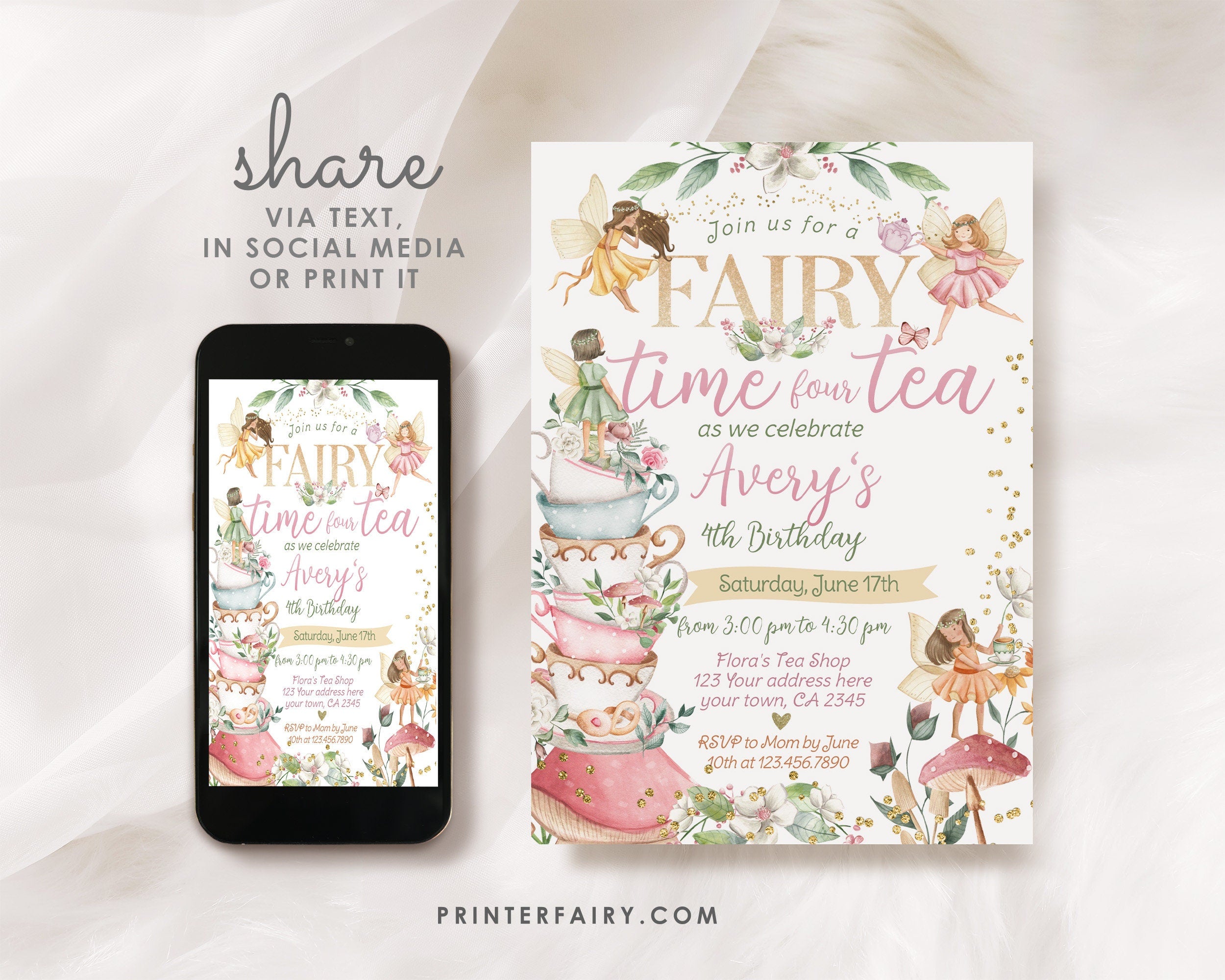 Fairy Tea Party 4th Birthday Invitation, Floral Garden (Editable Digital Item)