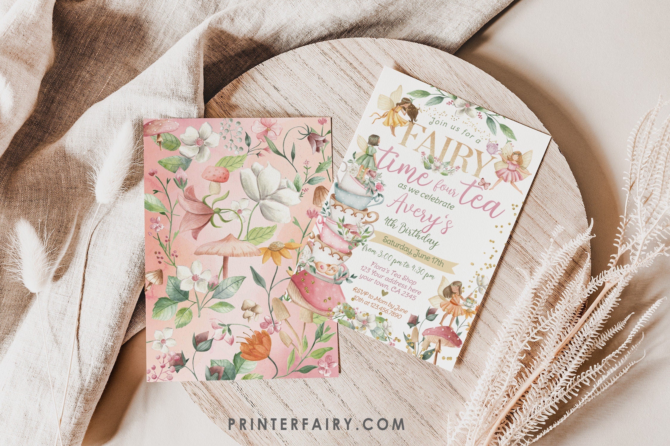 Fairy Tea Party 4th Birthday Invitation, Floral Garden (Editable Digital Item)
