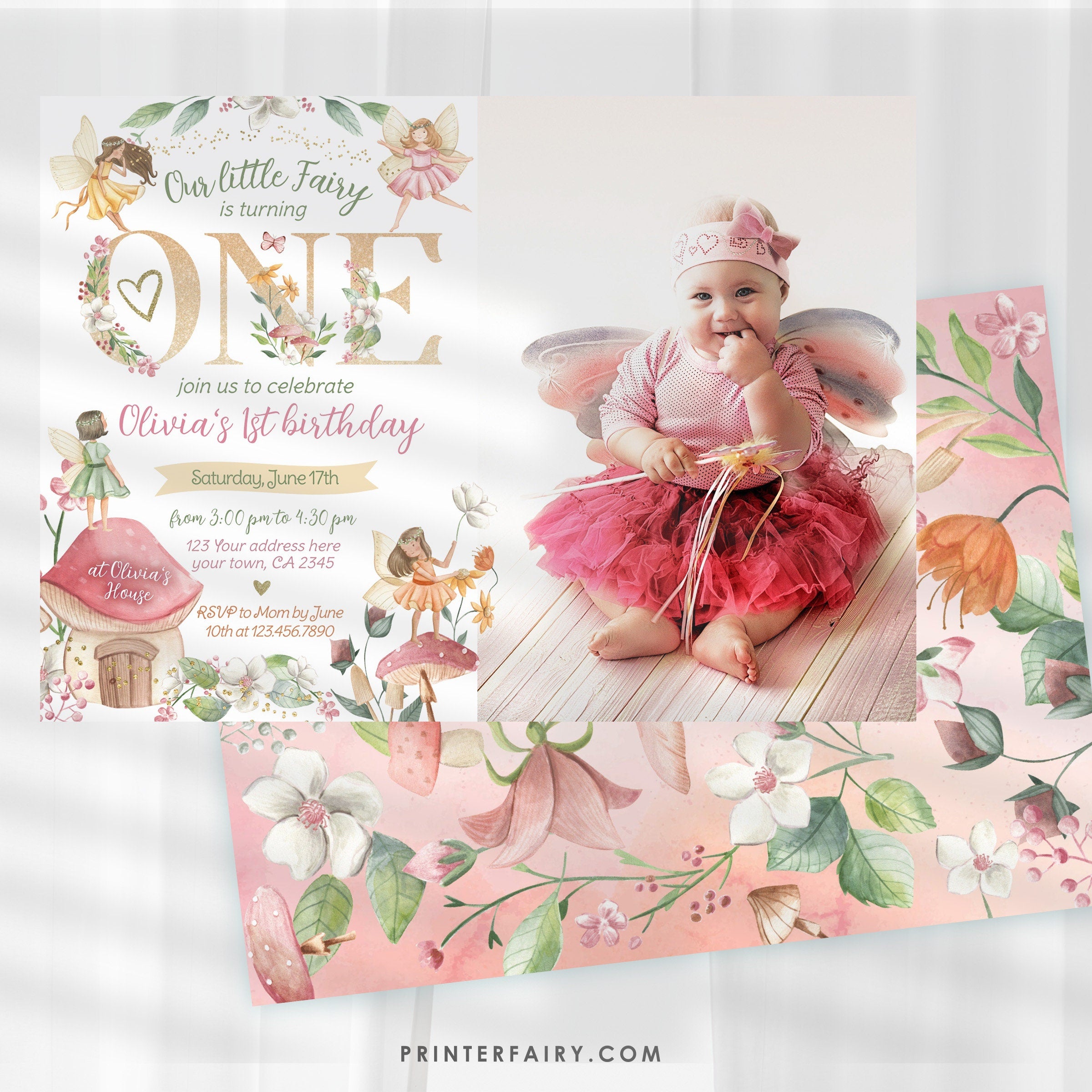 Editable Fairy 1st Birthday Invitation, Fall Floral (Digital Item)