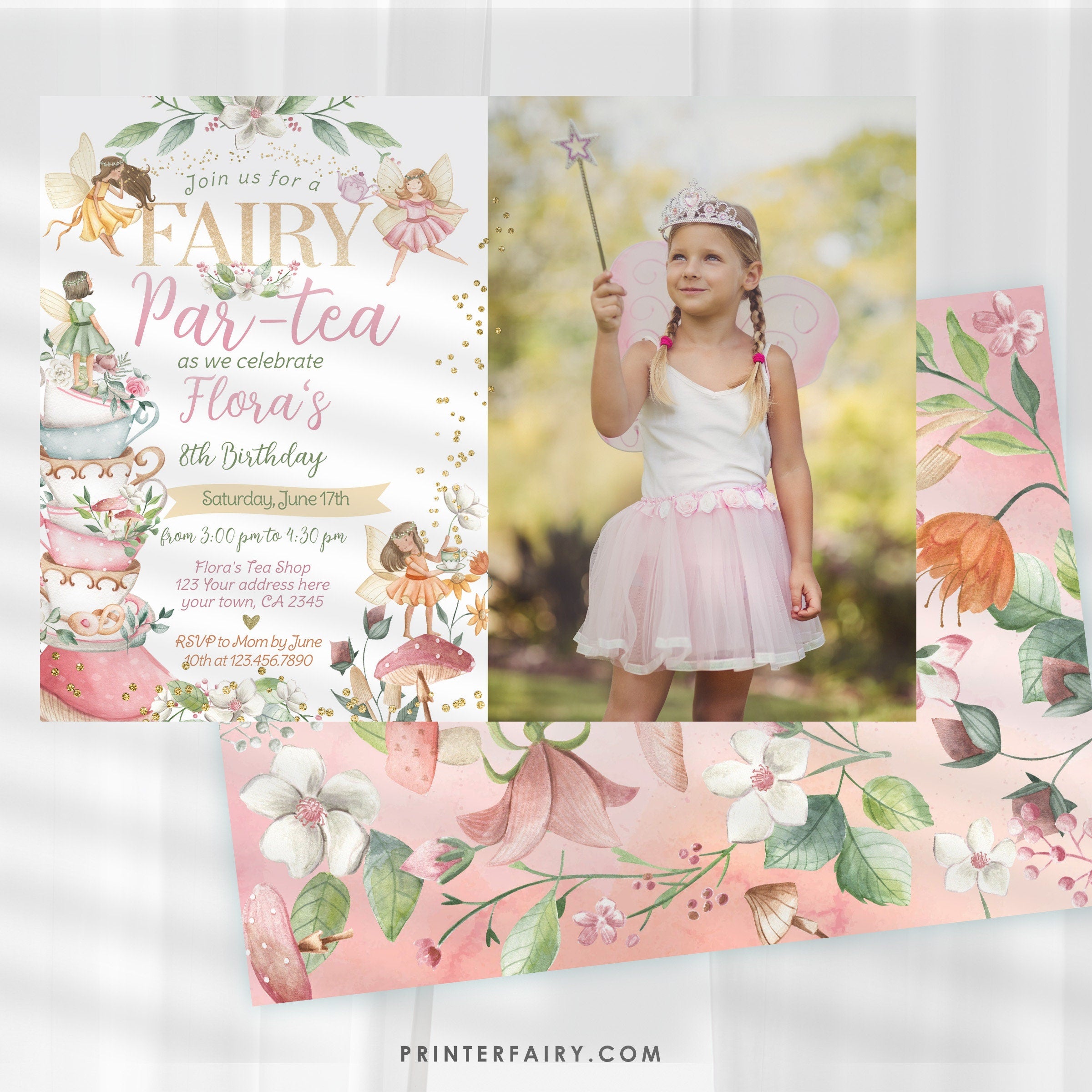 Editable Fairy Tea Party Birthday Invitation, Floral Autumn (Digital)