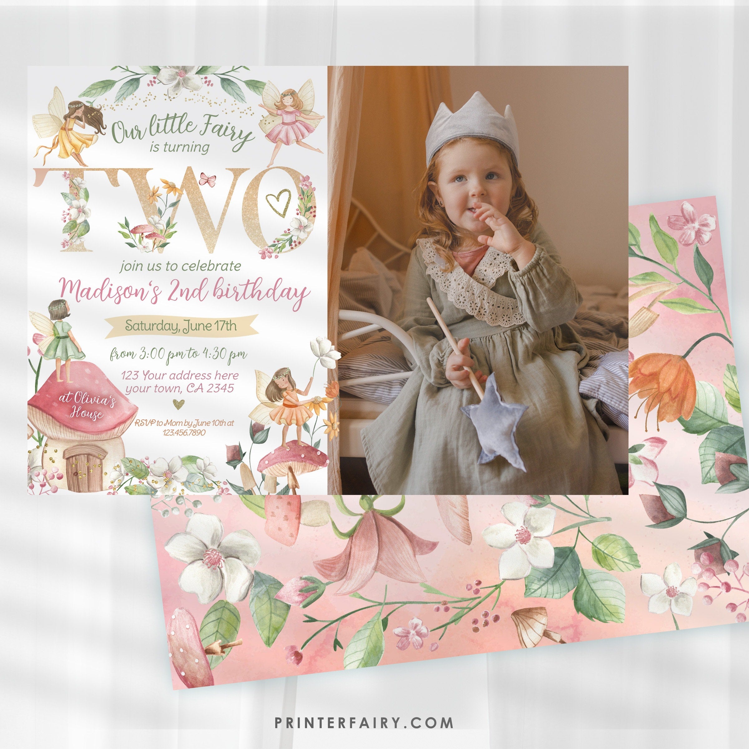 Editable Fairytale 2nd Birthday Invitation, Autumn Floral (Digital Item)