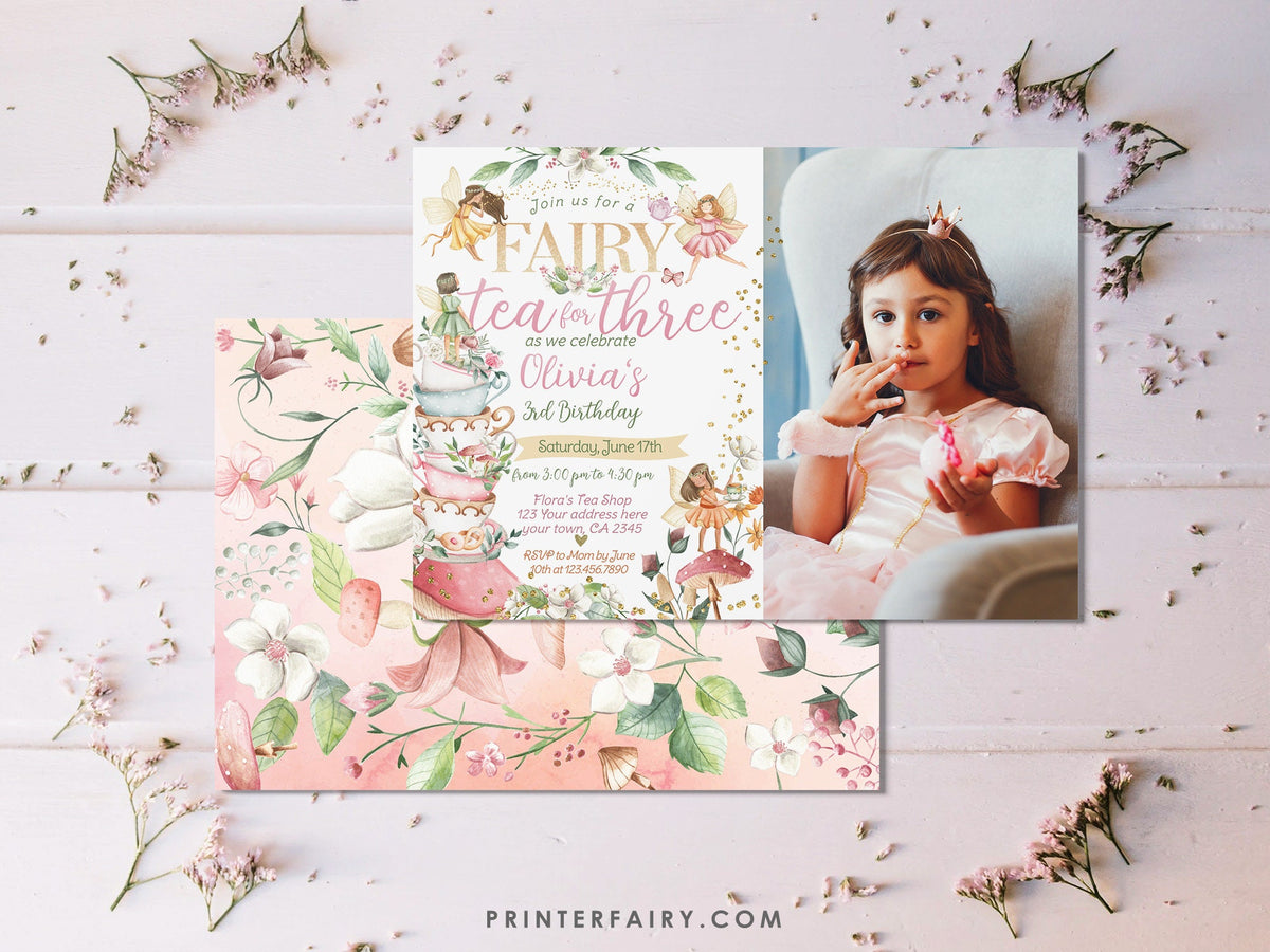 Editable Fairy Tea Party Invitation, Whimsical Floral, 3rd Birthday (Digital Item)