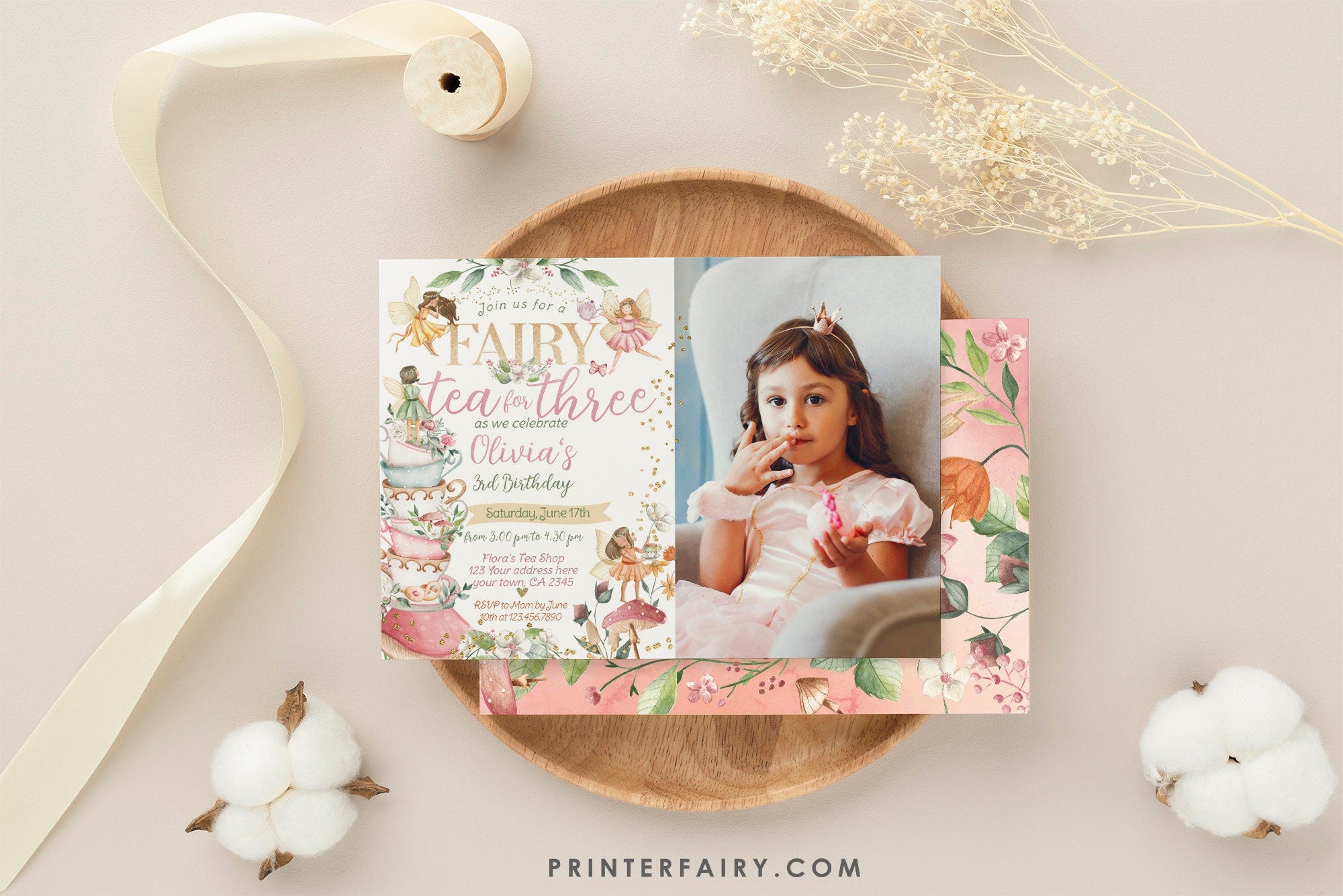 Editable Fairy Tea Party Invitation, Whimsical Floral, 3rd Birthday (Digital Item)