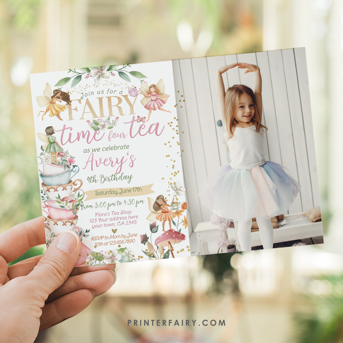 Editable Fairy Tea Party 4th Birthday Invitation with Photo (Digital)