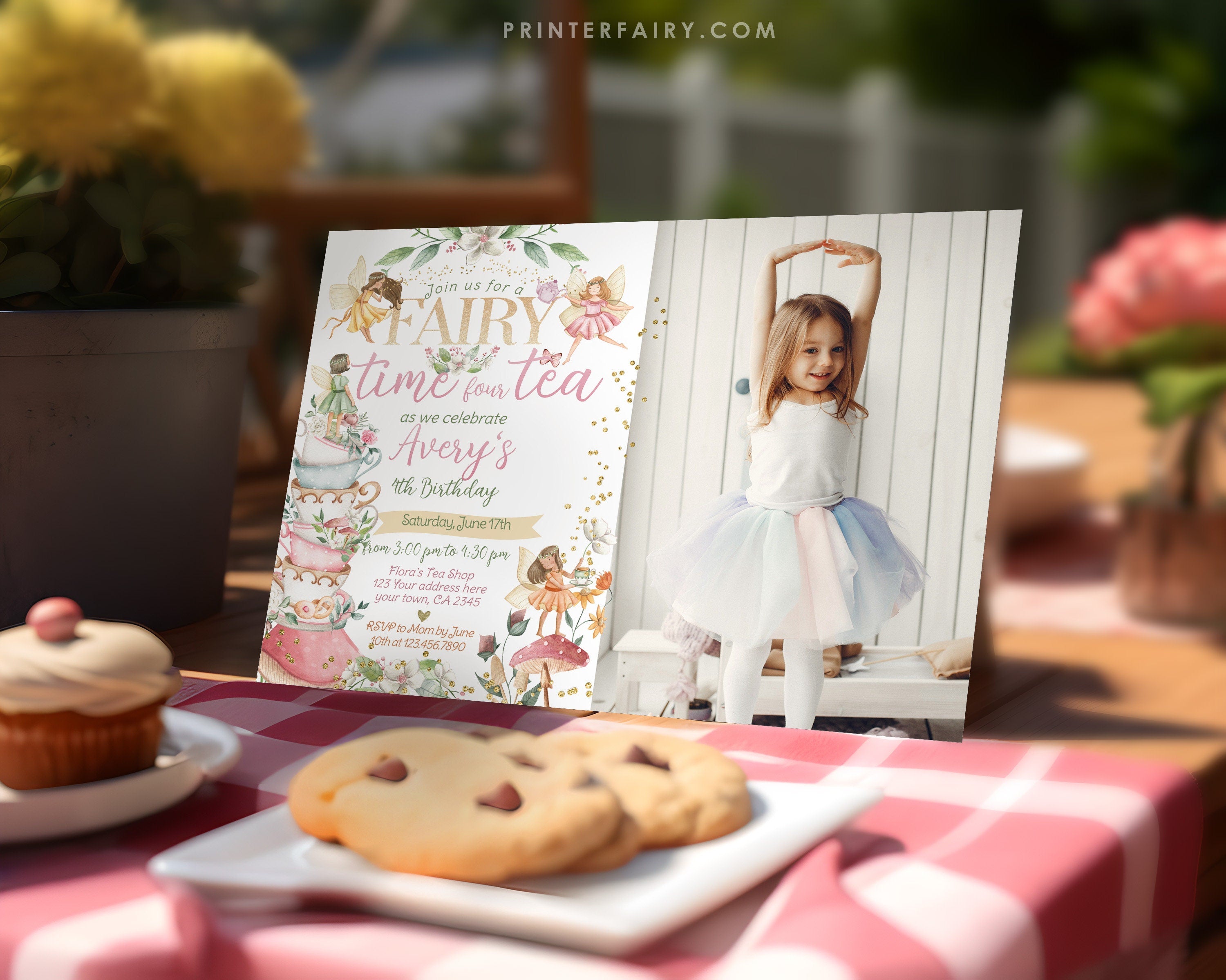 Editable Fairy Tea Party 4th Birthday Invitation with Photo (Digital)