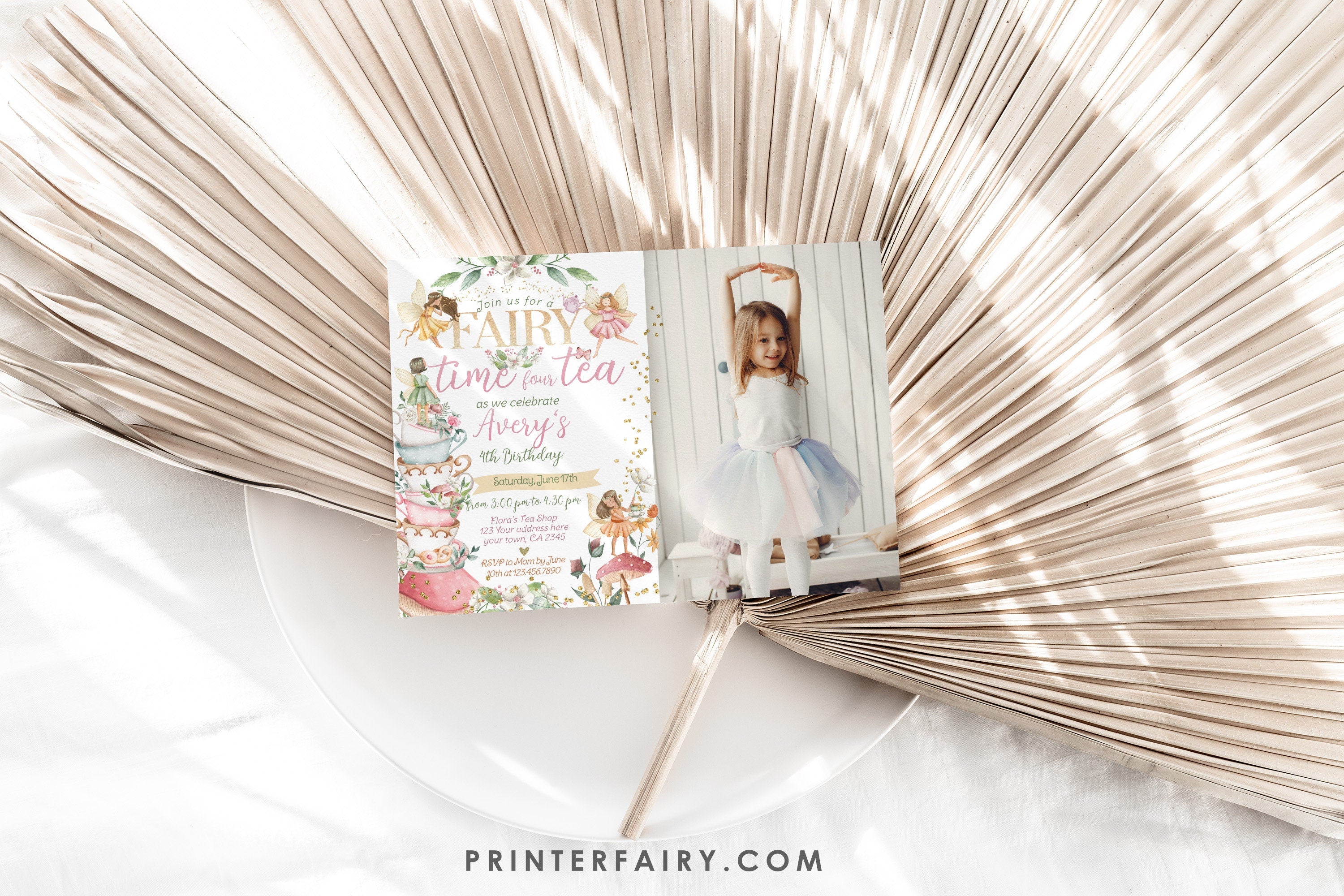 Editable Fairy Tea Party 4th Birthday Invitation with Photo (Digital)