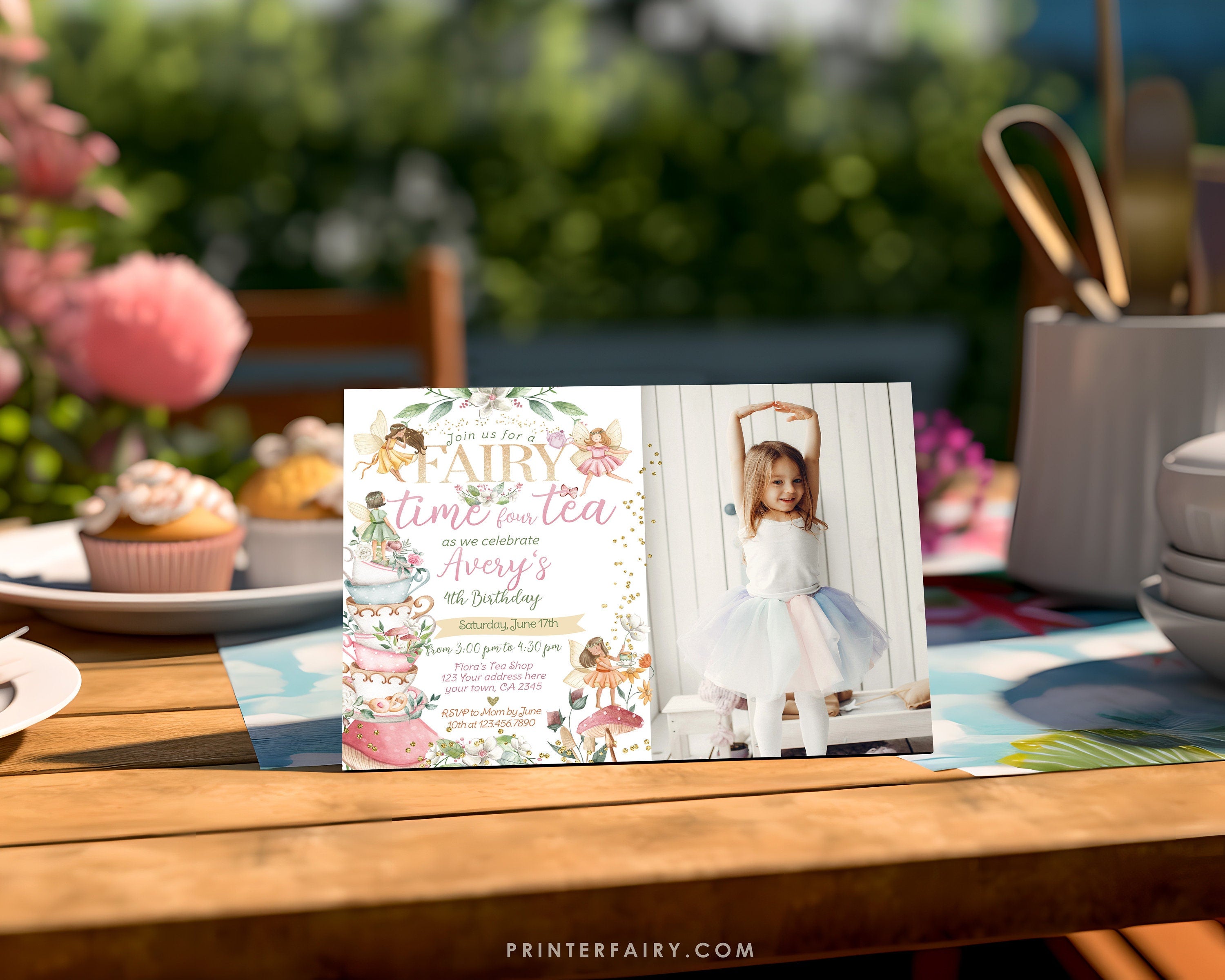 Editable Fairy Tea Party 4th Birthday Invitation with Photo (Digital)