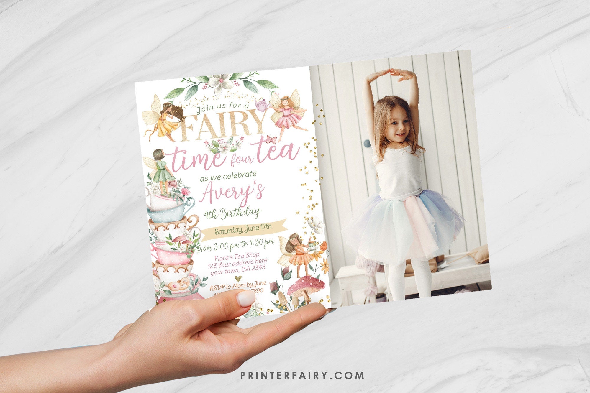 Editable Fairy Tea Party 4th Birthday Invitation with Photo (Digital)