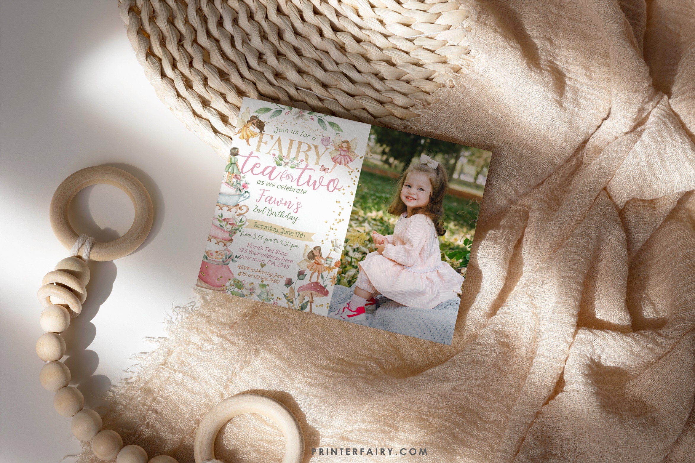 Fairy Tea Party Invitation, Floral 2nd Birthday (Editable Digital Download)