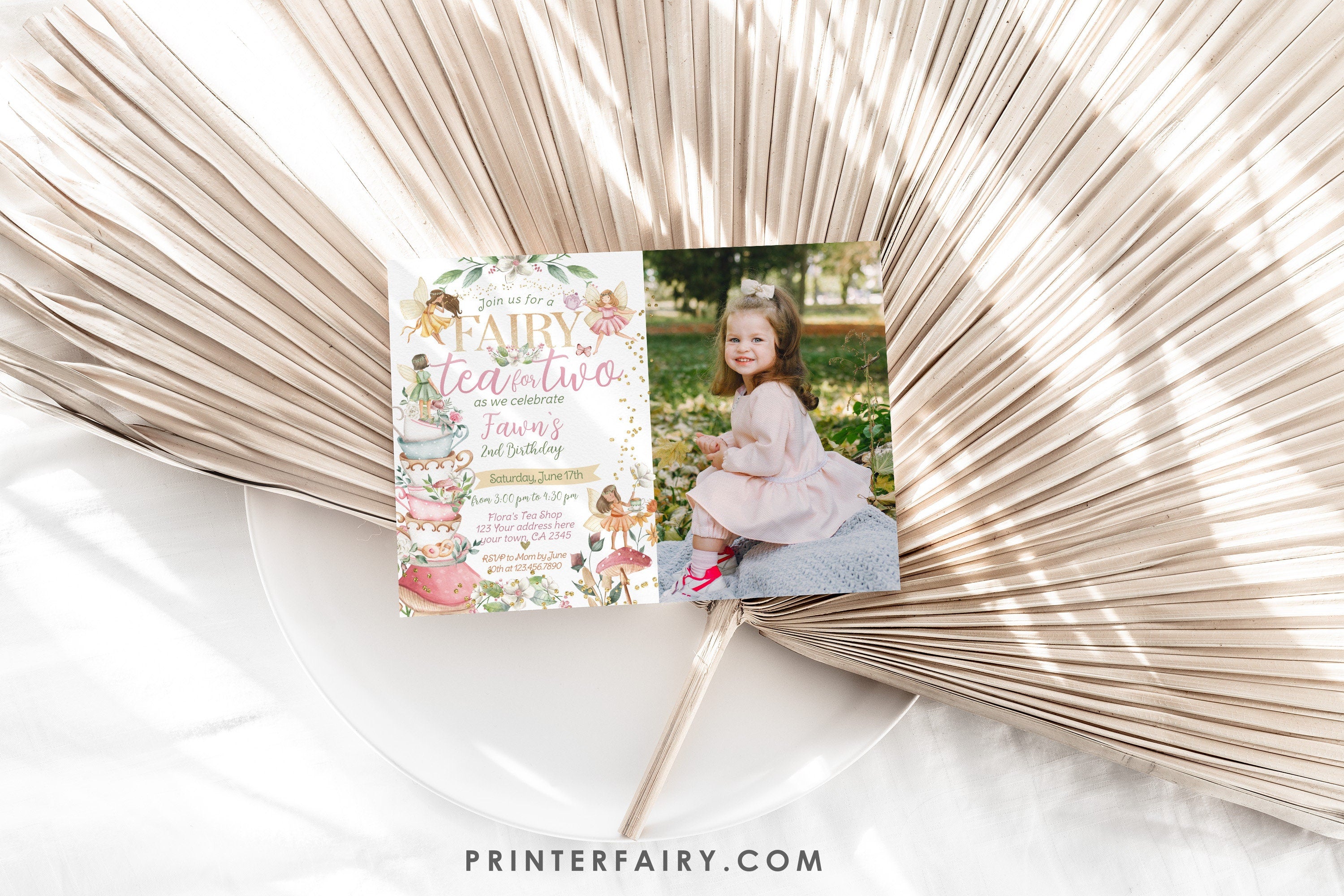 Fairy Tea Party Invitation, Floral 2nd Birthday (Editable Digital Download)