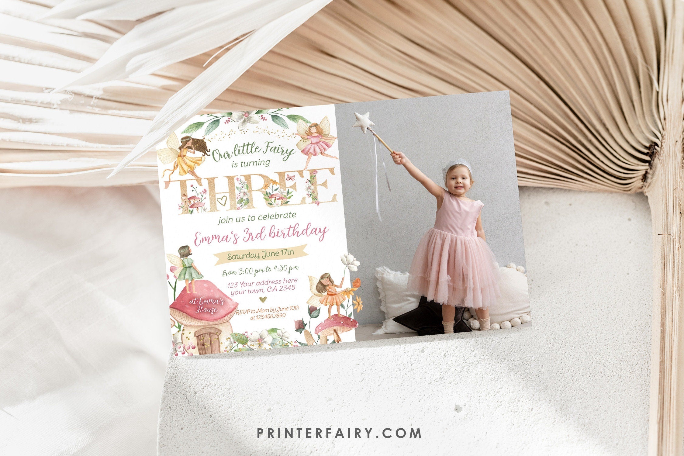 Editable Fairy 3rd Birthday Invitation, Photo, Floral Garden (Digital Item)