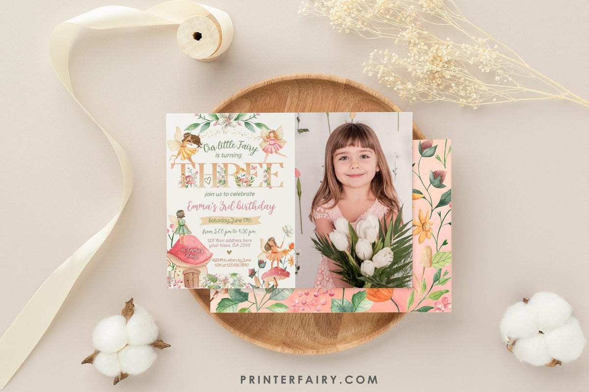 Editable Fairy 3rd Birthday Invitation, Photo, Floral Garden (Digital Item)