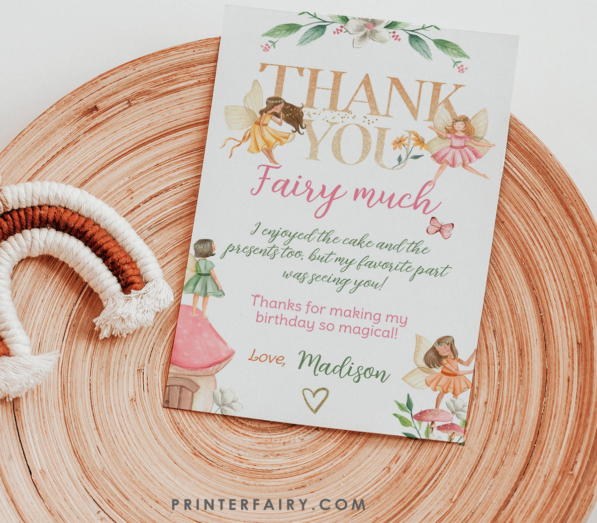 Editable Fairy Birthday Thank You Card, Whimsical Garden Party (Instant Download)